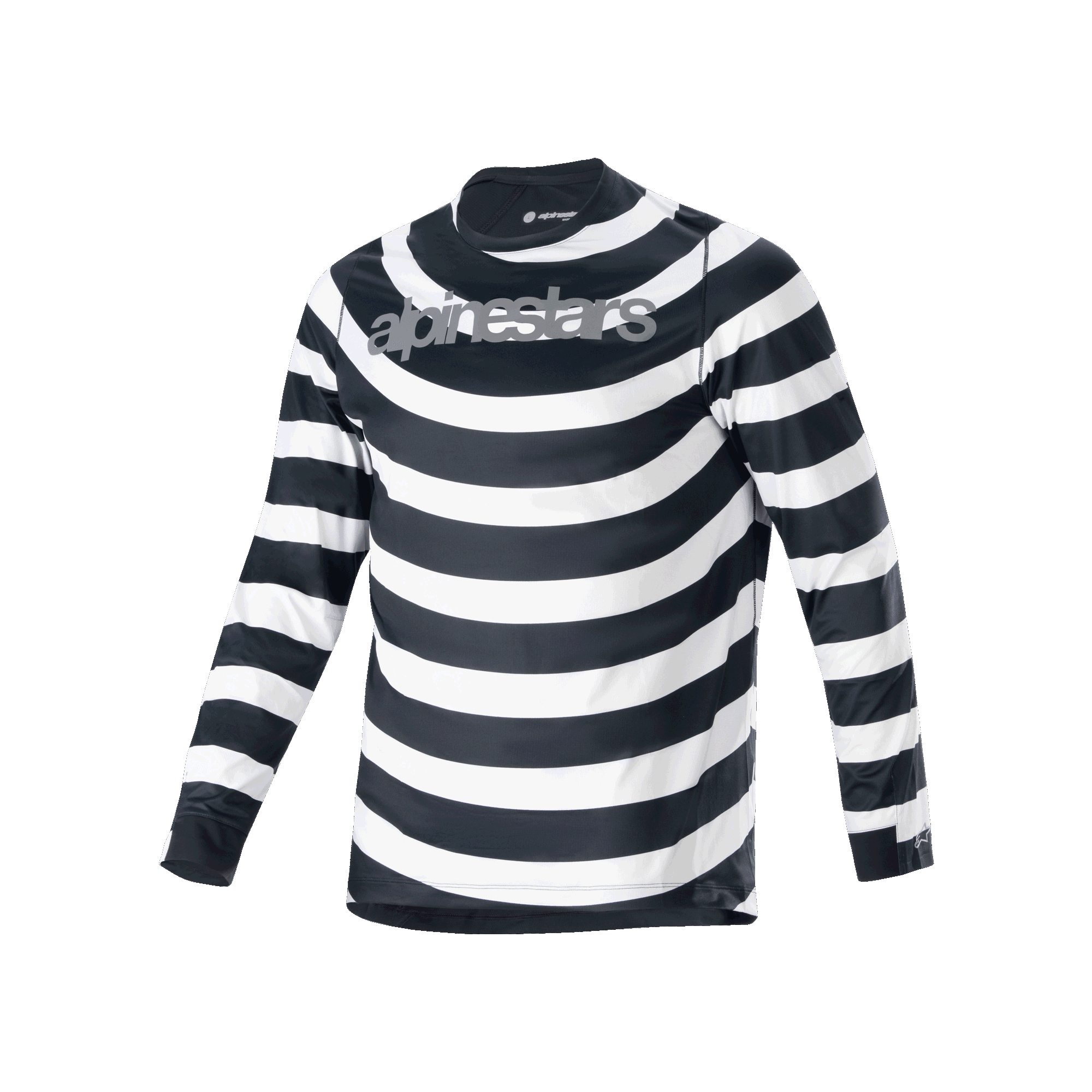 Alpinestars Jersey A-Aria Oscar de manga larga, jersey de MTB para hombre, franjas horizontales en espiral blancas y negras, logotipo de Alpinestars gris en el pecho, equipamiento de ciclismo ligero y transpirable