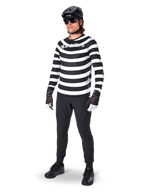 Jersey de manga larga Alpinestars A-Aria Oscar, negro y blanco con llamativas franjas horizontales en espiral, logotipo curvo de Alpinestars en blanco, equipamiento de MTB de alto rendimiento usado con pantalones de ciclismo negros y casco