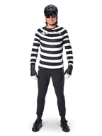 Jersey de manga larga Alpinestars A-Aria Oscar, jersey de MTB con rayas horizontales blancas y negras, usado con casco y pantalones negros, con gráfico vintage de Oscar y logotipo llamativo en el pecho