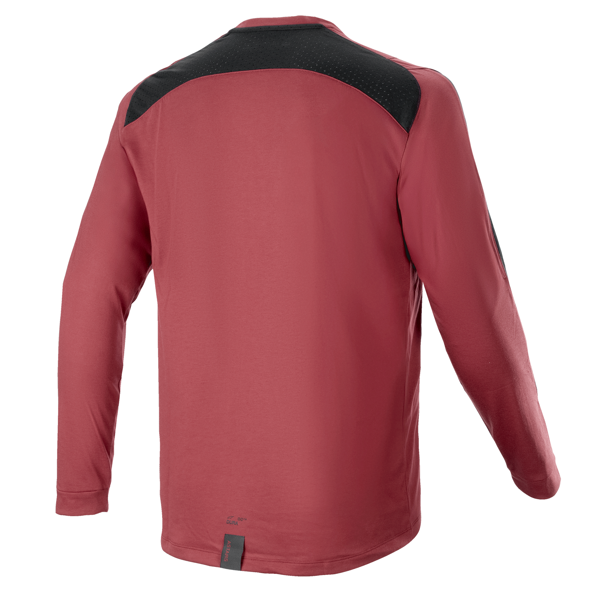 Jersey de manga larga Alpinestars A-Dura Dri Astar, color granate, jersey para ciclismo de montaña, vista posterior con panel de ventilación de malla negra en los hombros, mangas largas, tejido técnico de alto rendimiento para ciclismo todoterreno