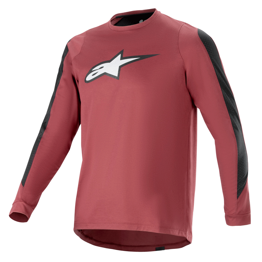 Alpinestars A-Dura Dri Astar Jersey de manga larga, color burdeos y negro, tejido drirelease® que absorbe la humedad, cuello redondo, logotipo Astar blanco en el pecho, paneles de malla negros en las mangas, equipamiento de alto rendimiento para bicicleta de montaña