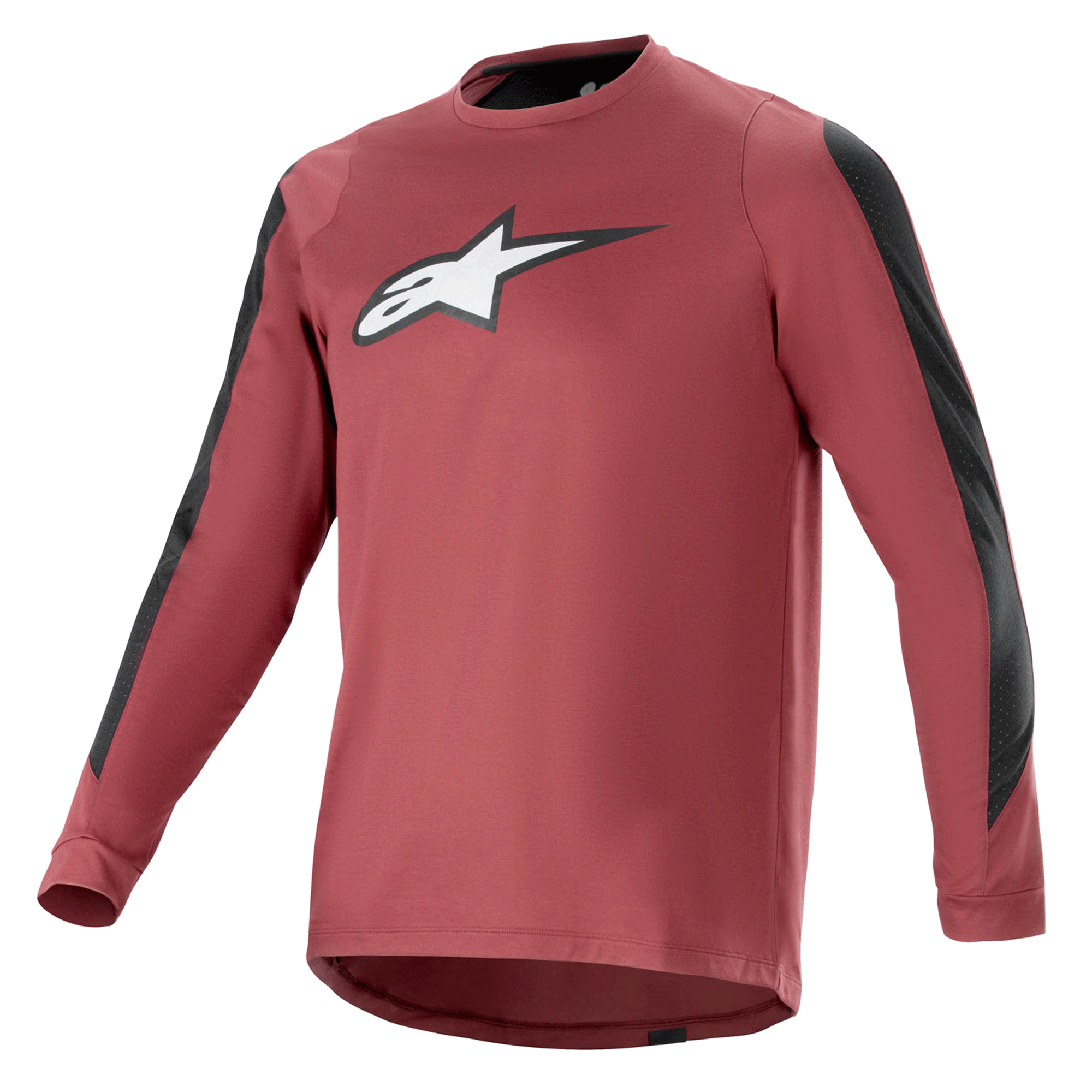 Alpinestars A-Dura Dri Astar Jersey de manga larga, color burdeos y negro, tejido drirelease® que absorbe la humedad, cuello redondo, logotipo Astar blanco en el pecho, paneles de malla negros en las mangas, equipamiento de alto rendimiento para bicicleta de montaña