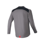 Jersey de manga larga Alpinestars A-Dura Dri Astar, gris oscuro, vista trasera con paneles de ventilación de malla negra en los hombros y una pequeña etiqueta roja en el dobladillo, ropa técnica para ciclismo de montaña