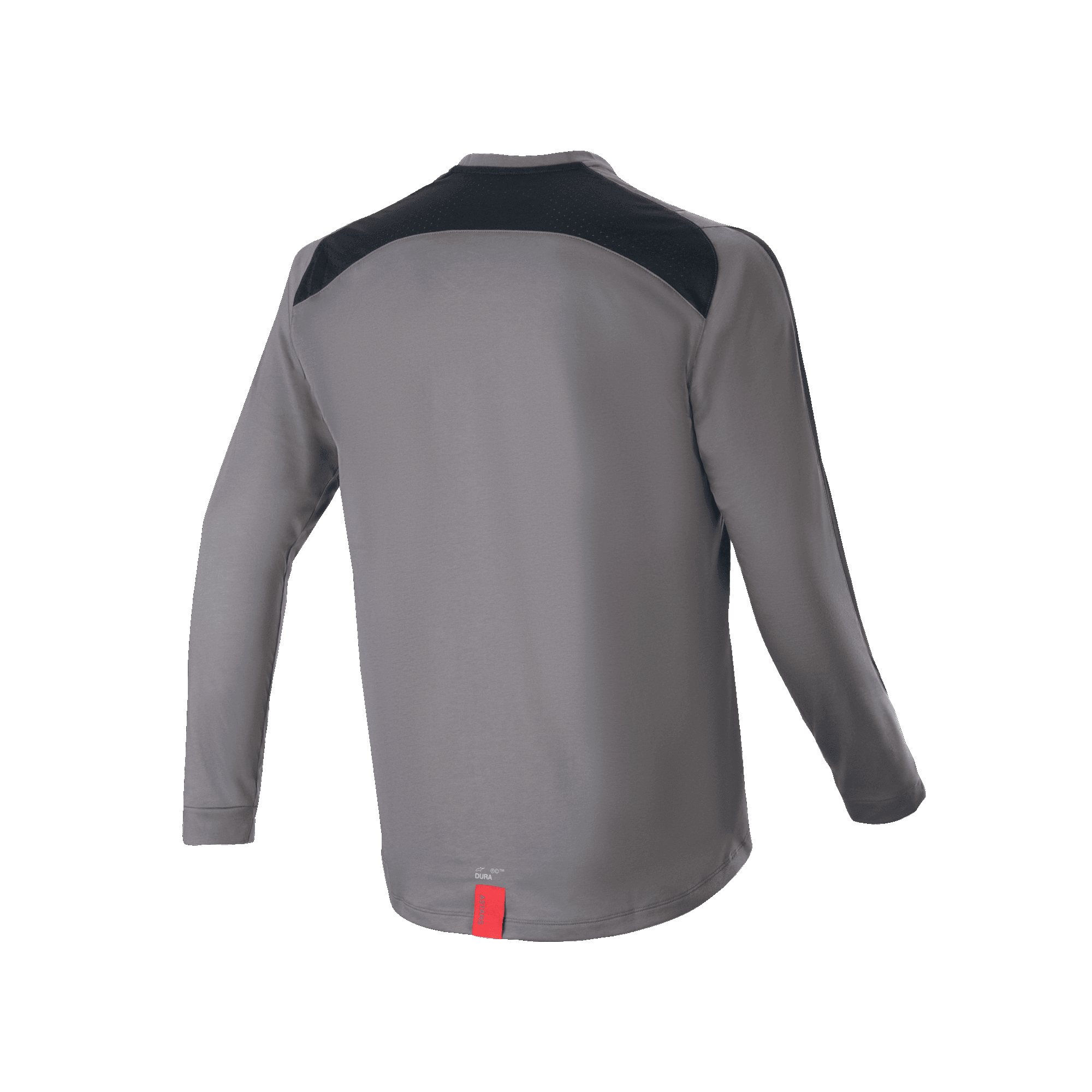 Jersey de manga larga Alpinestars A-Dura Dri Astar, gris oscuro, vista trasera con paneles de ventilación de malla negra en los hombros y una pequeña etiqueta roja en el dobladillo, ropa técnica para ciclismo de montaña