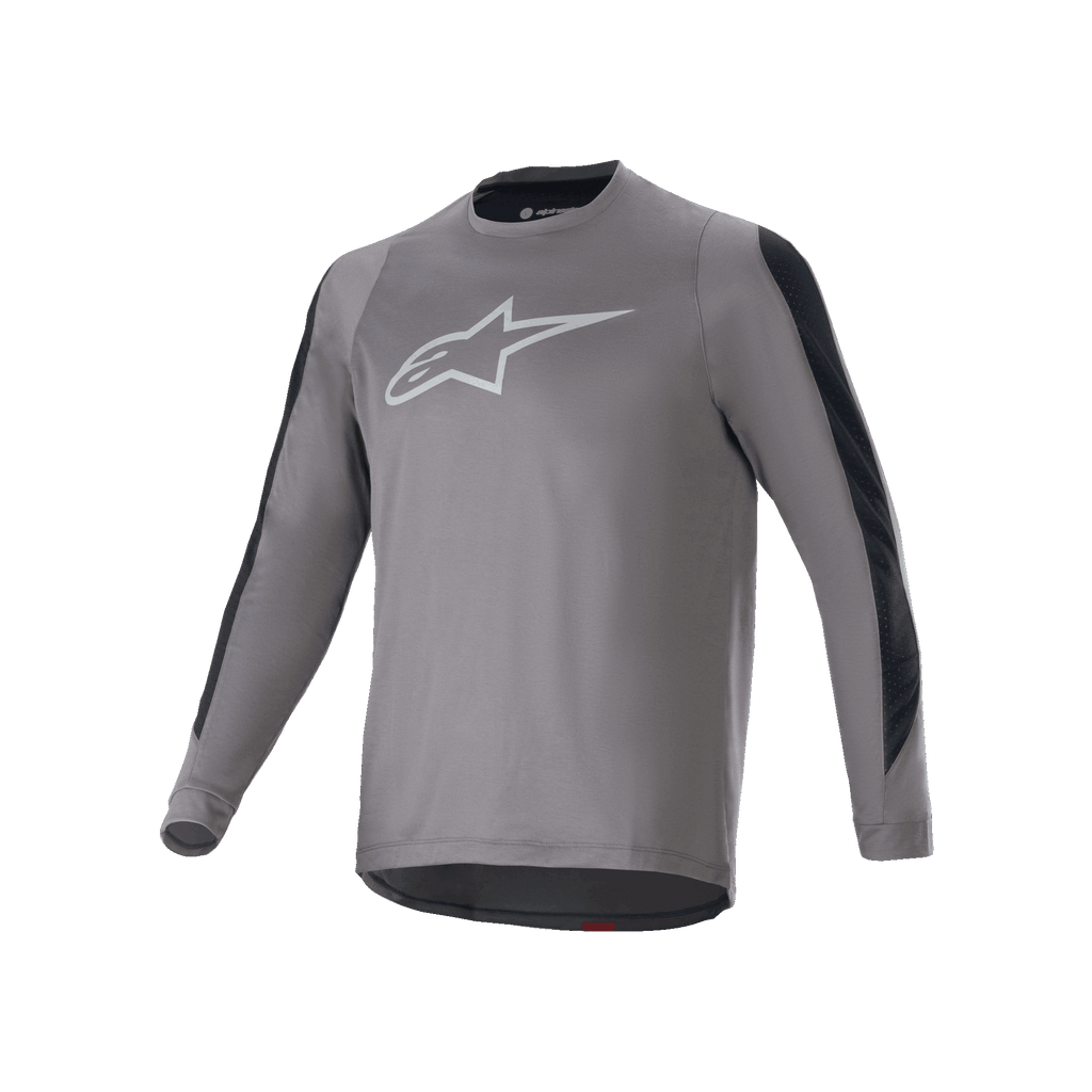 Jersey de manga larga Alpinestars A-Dura Dri Astar, gris oscuro con logotipo Astars blanco en el pecho, paneles de ventilación de malla negra en las mangas, equipamiento de ciclismo de alto rendimiento para MTB