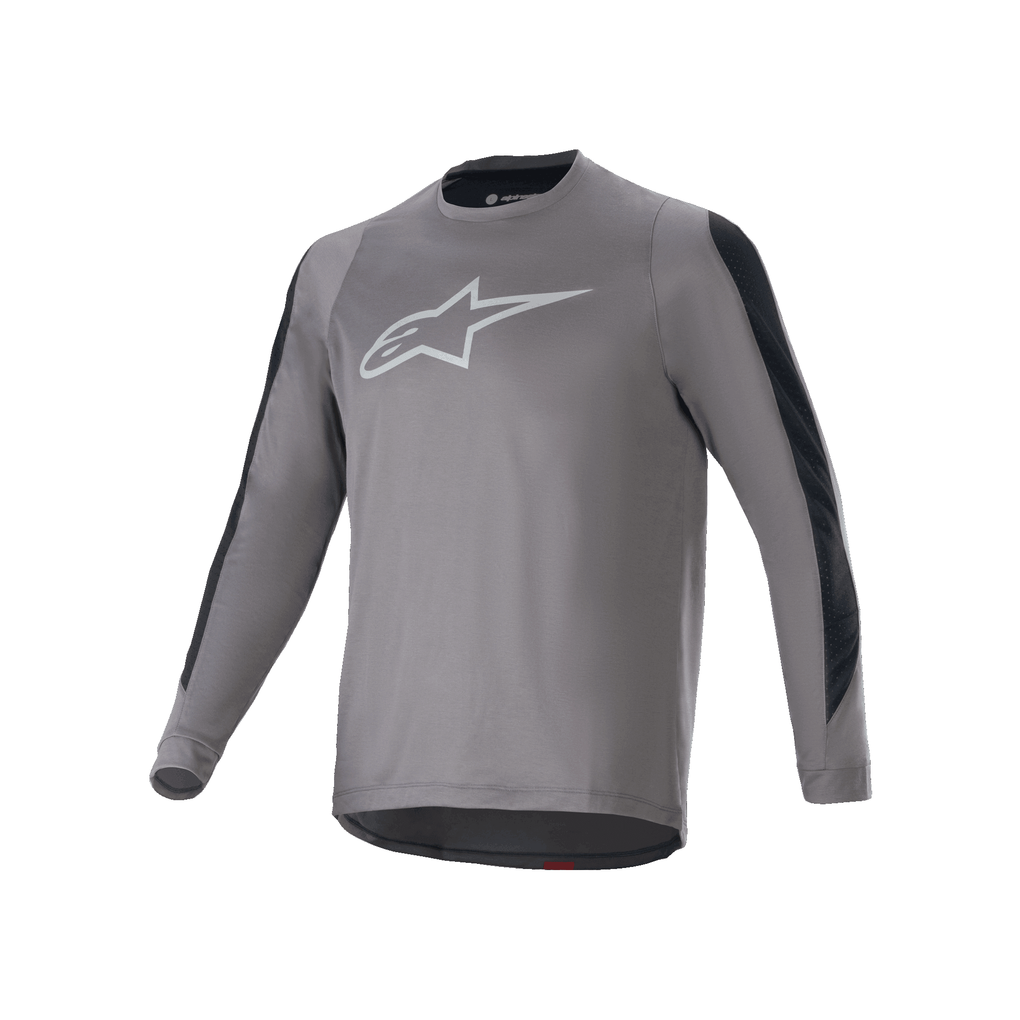 Jersey de manga larga Alpinestars A-Dura Dri Astar, gris oscuro con logotipo Astars blanco en el pecho, paneles de ventilación de malla negra en las mangas, equipamiento de ciclismo de alto rendimiento para MTB