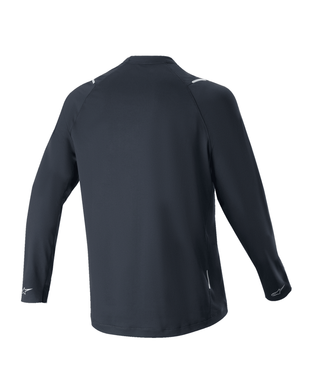 Jersey de manga larga Alpinestars A-Aria Switch, negro, vista trasera, tejido de poliéster ligero y transpirable, con una parte trasera más larga para cobertura y logotipos de Alpinestars reflectantes en los puños, ajuste de rendimiento para ciclismo de montaña