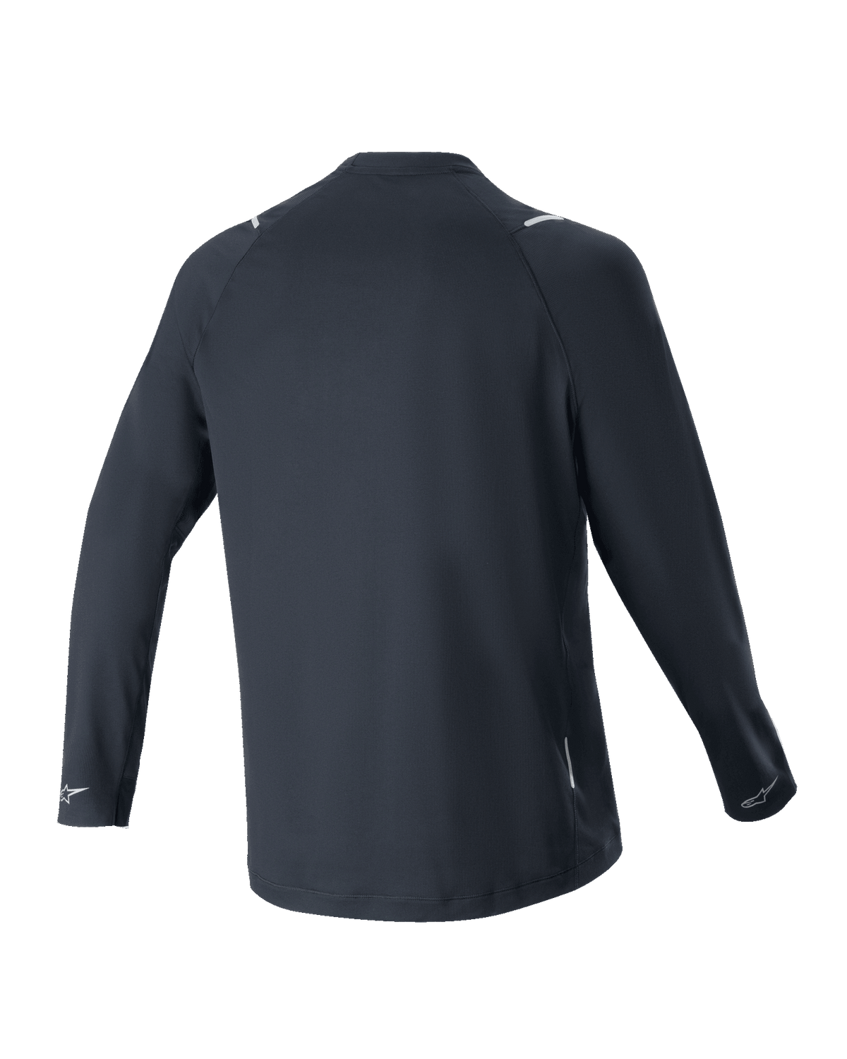 Jersey de manga larga Alpinestars A-Aria Switch, negro, vista trasera, tejido de poliéster ligero y transpirable, con una parte trasera más larga para cobertura y logotipos de Alpinestars reflectantes en los puños, ajuste de rendimiento para ciclismo de montaña