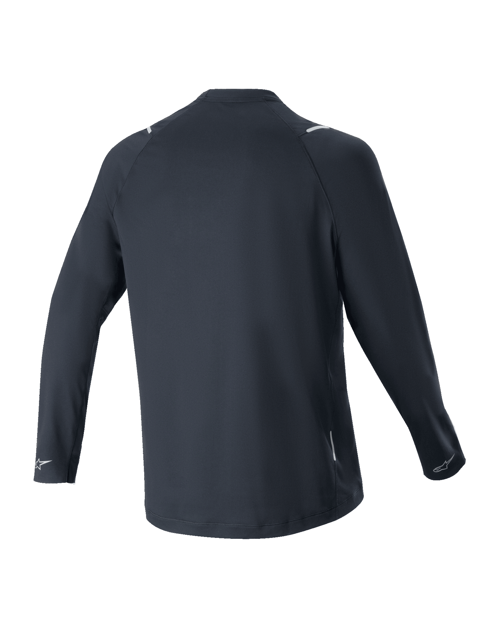 Jersey de manga larga Alpinestars A-Aria Switch, negro, vista trasera, tejido de poliéster ligero y transpirable, con una parte trasera más larga para cobertura y logotipos de Alpinestars reflectantes en los puños, ajuste de rendimiento para ciclismo de montaña