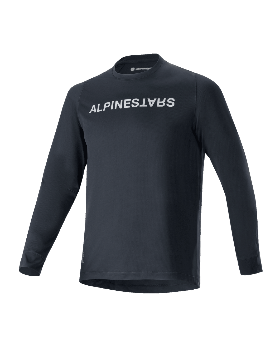 Alpinestars A-Aria Switch Jersey de manga larga, jersey para ciclismo MTB, negro, logotipo blanco de Alpinestars en el pecho, cuello redondo, tejido ligero y transpirable, ajuste de rendimiento para conducción todoterreno
