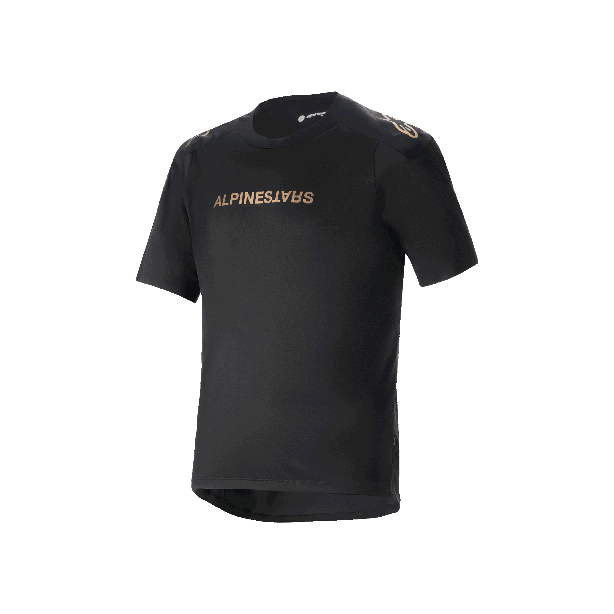 Alpinestars A-Aria Polartec Switch Short Sleeve Jersey, jersey de montaña negro, logos Alpinestars en tonos bronce en el pecho y los hombros, tejido técnico que absorbe la humedad, ajuste de rendimiento con dobladillo trasero más largo