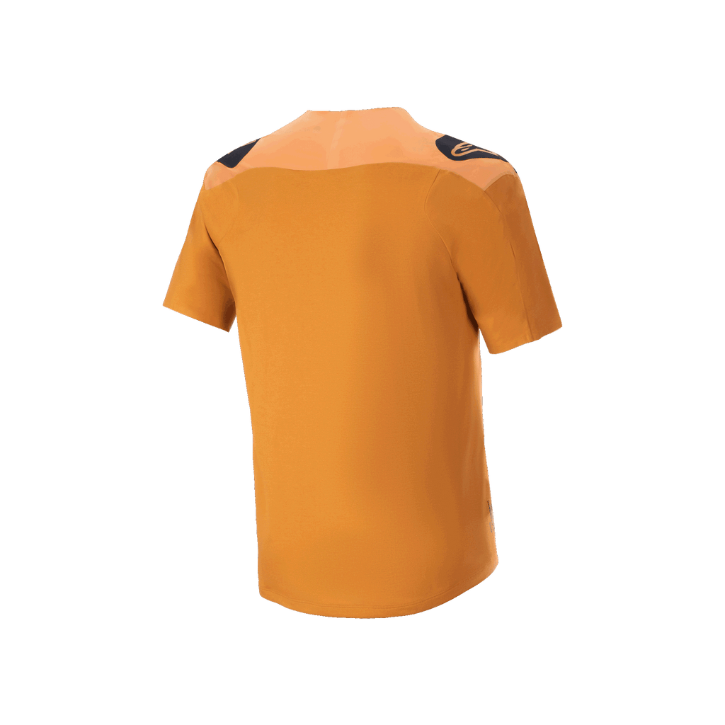 Jersey Alpinestars A-Aria Polartec Switch, jersey de MTB de manga corta, color oro oscuro, vista posterior con logotipos negros en los hombros y parte trasera más larga, ropa técnica para bicicleta de montaña