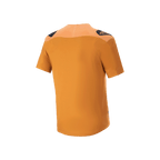 Jersey Alpinestars A-Aria Polartec Switch, jersey de MTB de manga corta, color oro oscuro, vista posterior con logotipos negros en los hombros y parte trasera más larga, ropa técnica para bicicleta de montaña