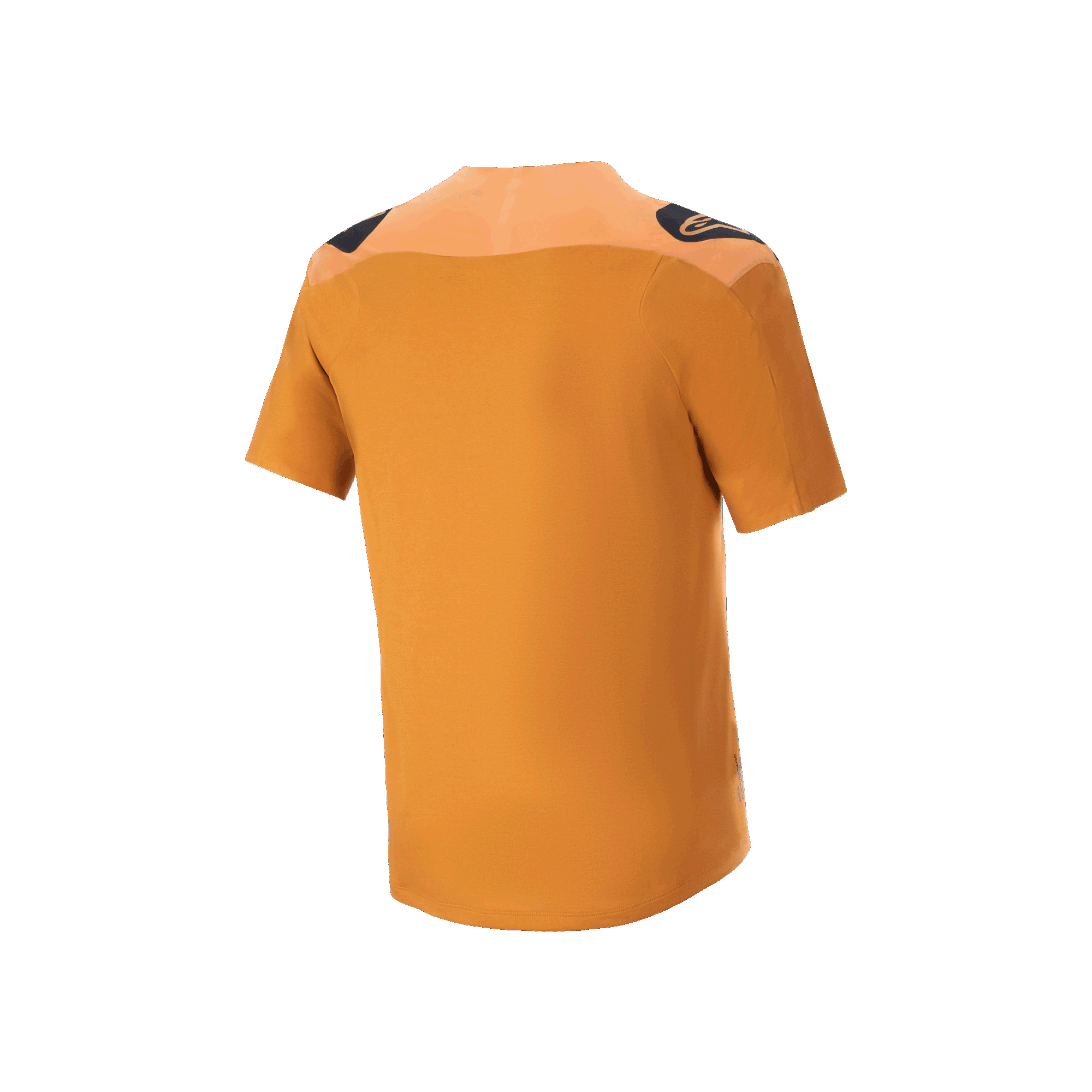 Jersey Alpinestars A-Aria Polartec Switch, jersey de MTB de manga corta, color oro oscuro, vista posterior con logotipos negros en los hombros y parte trasera más larga, ropa técnica para bicicleta de montaña