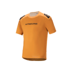 Alpinestars A-Aria Polartec Switch Jersey de manga corta, color oro oscuro, texto negro de Alpinestars en el pecho, logotipos en los hombros, ropa técnica de ciclismo de montaña con diseño de parte trasera más larga