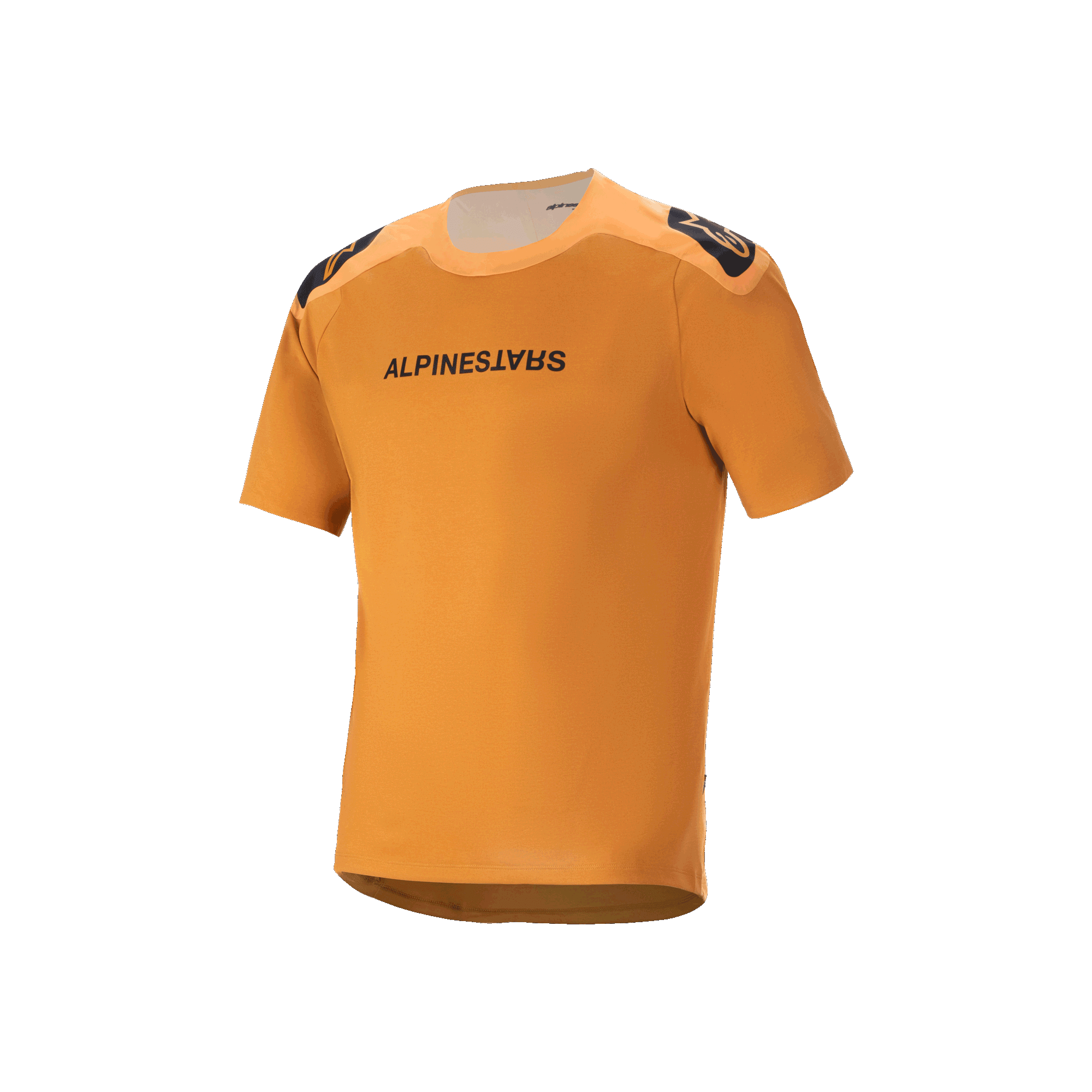 Alpinestars A-Aria Polartec Switch Jersey de manga corta, color oro oscuro, texto negro de Alpinestars en el pecho, logotipos en los hombros, ropa técnica de ciclismo de montaña con diseño de parte trasera más larga