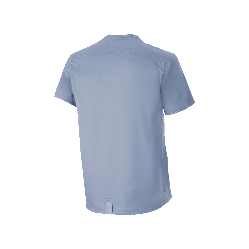 Jersey de manga corta Alpinestars A-Dura Dri Astar, color Infinity Blue, vista posterior con paneles de ventilación de malla en la parte superior de la espalda y los hombros, dobladillo con cola más larga, equipamiento técnico para ciclismo MTB