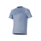 Alpinestars A-Dura Dri Astar Short Sleeve Jersey, Infinity Blue, con un gran logotipo en el pecho, paneles de malla transpirable en las mangas y tejido drirelease, diseñada para el rendimiento en ciclismo de montaña.