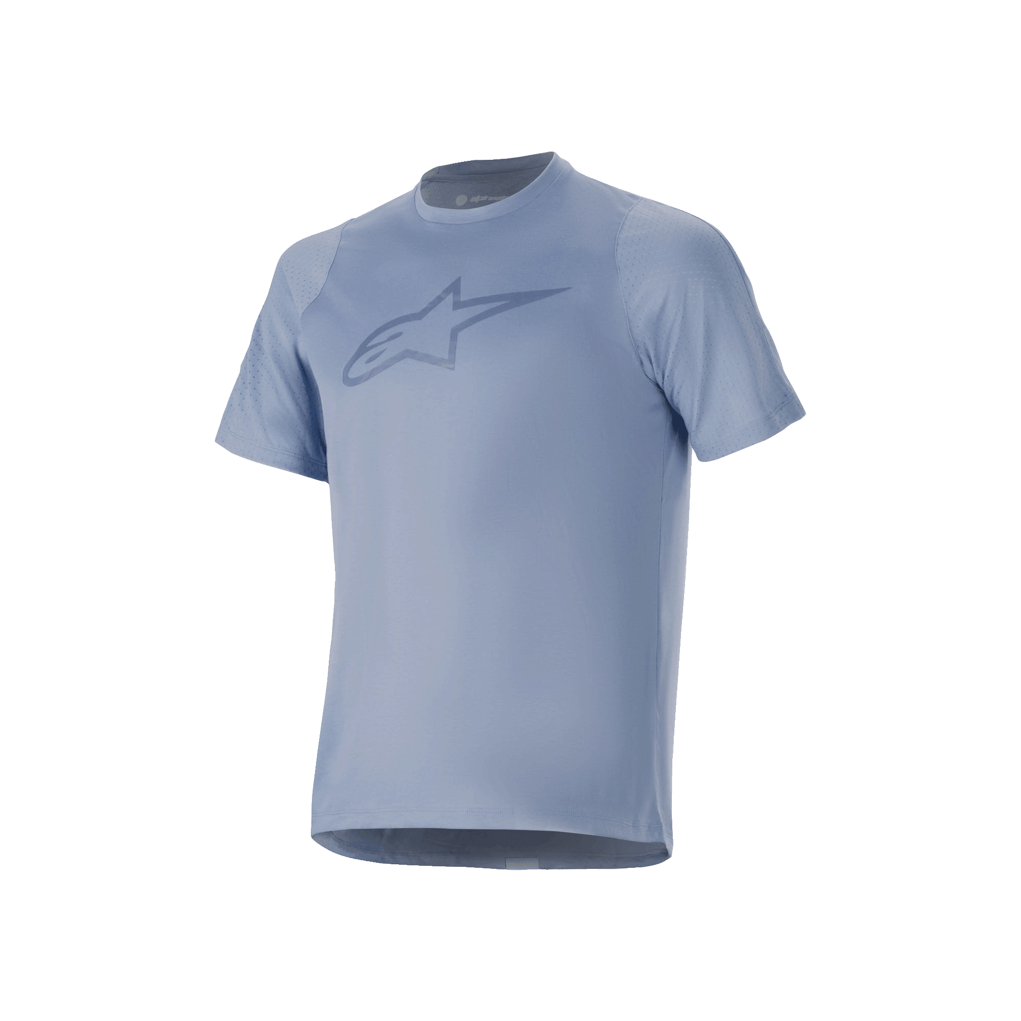Alpinestars A-Dura Dri Astar Short Sleeve Jersey, Infinity Blue, con un gran logotipo en el pecho, paneles de malla transpirable en las mangas y tejido drirelease, diseñada para el rendimiento en ciclismo de montaña.