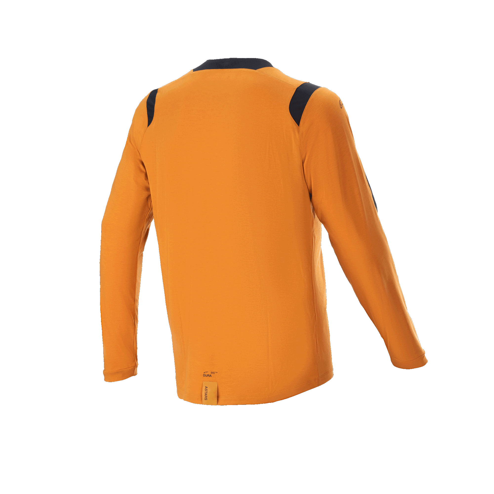 Alpinestars A-Dura Dri Wool Long Sleeve Jersey, Dark Gold, vista trasera con paneles de malla negra en los hombros y el cuello, ropa técnica de ciclismo de montaña con la parte trasera más larga