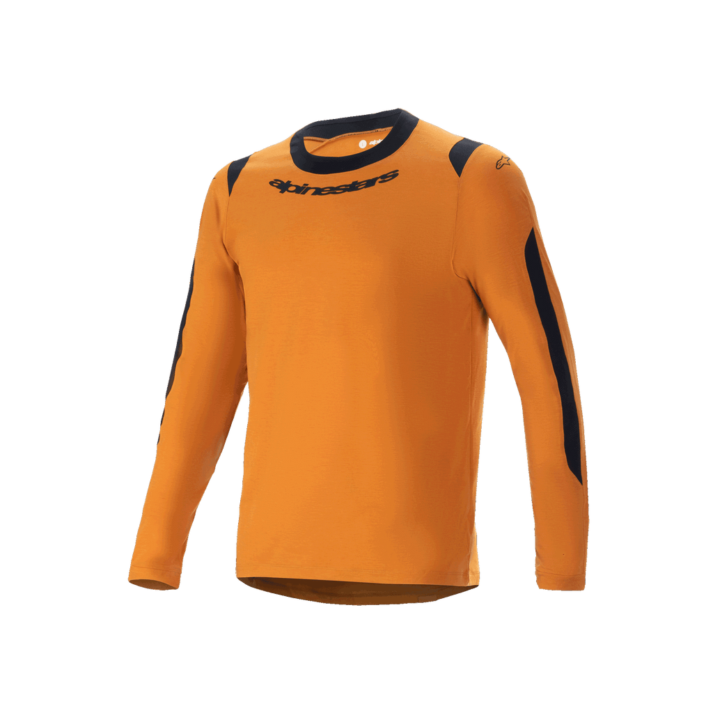 Alpinestars A-Dura Dri Wool Jersey - Manga Larga, jersey de ciclismo de montaña, color oro oscuro, cuello redondo negro y paneles de malla en hombros y brazos, logotipo de Alpinestars en el pecho, mezcla técnica de lana para rodar por senderos