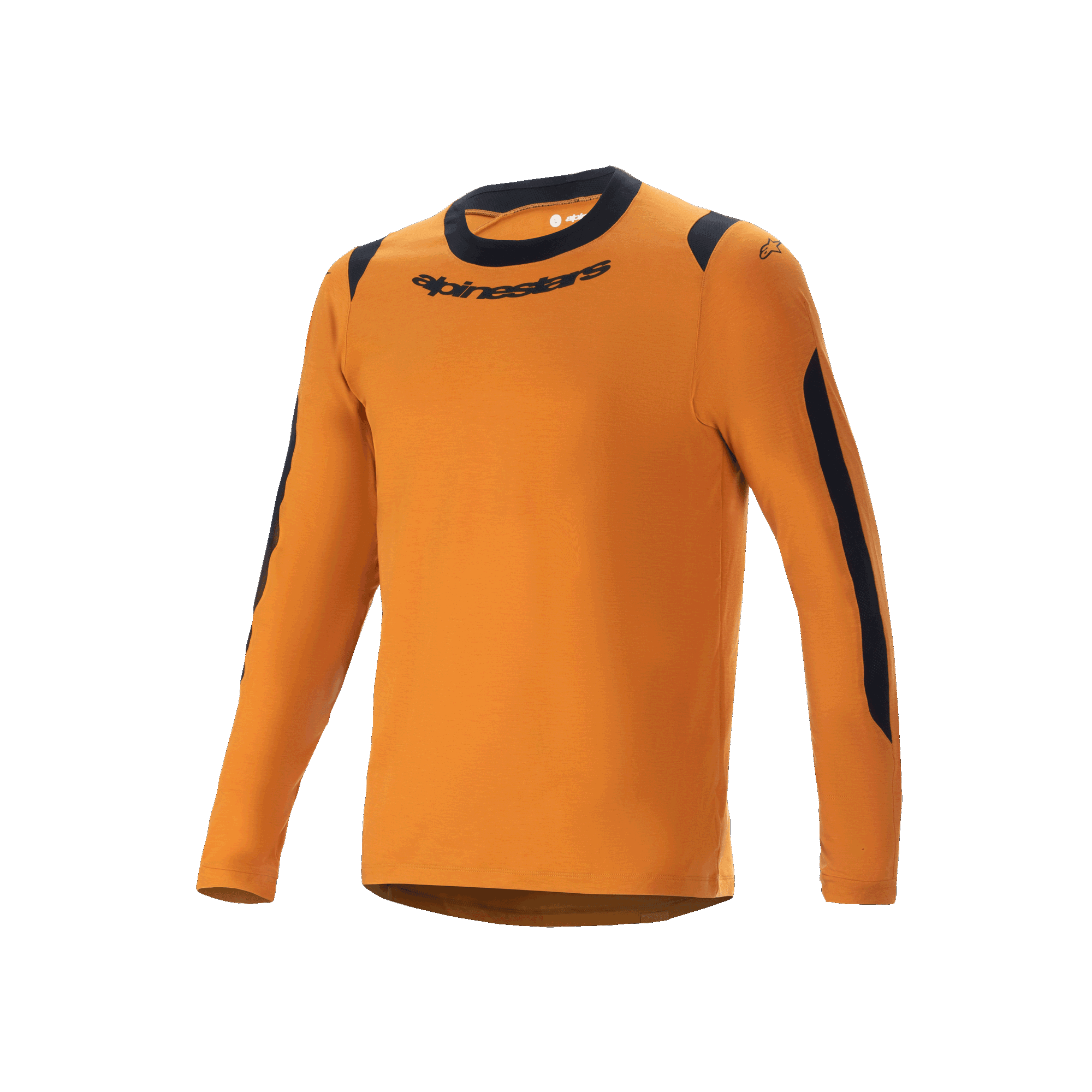 Alpinestars A-Dura Dri Wool Jersey - Manga Larga, jersey de ciclismo de montaña, color oro oscuro, cuello redondo negro y paneles de malla en hombros y brazos, logotipo de Alpinestars en el pecho, mezcla técnica de lana para rodar por senderos