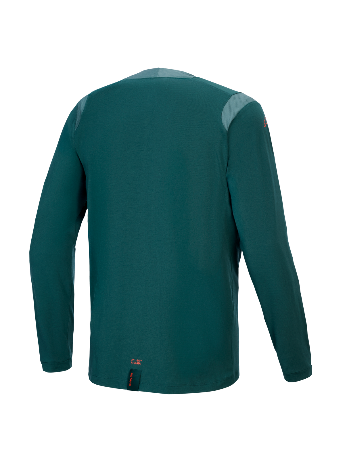Alpinestars A-Dura Dri Wool Jersey - Manga Larga, color Dark Pine, vista trasera con paneles de malla en los hombros y el cuello, tejido técnico de mezcla de lana, parte trasera más larga para cobertura de MTB y pequeño detalle de marca naranja en el dobladillo inferior.