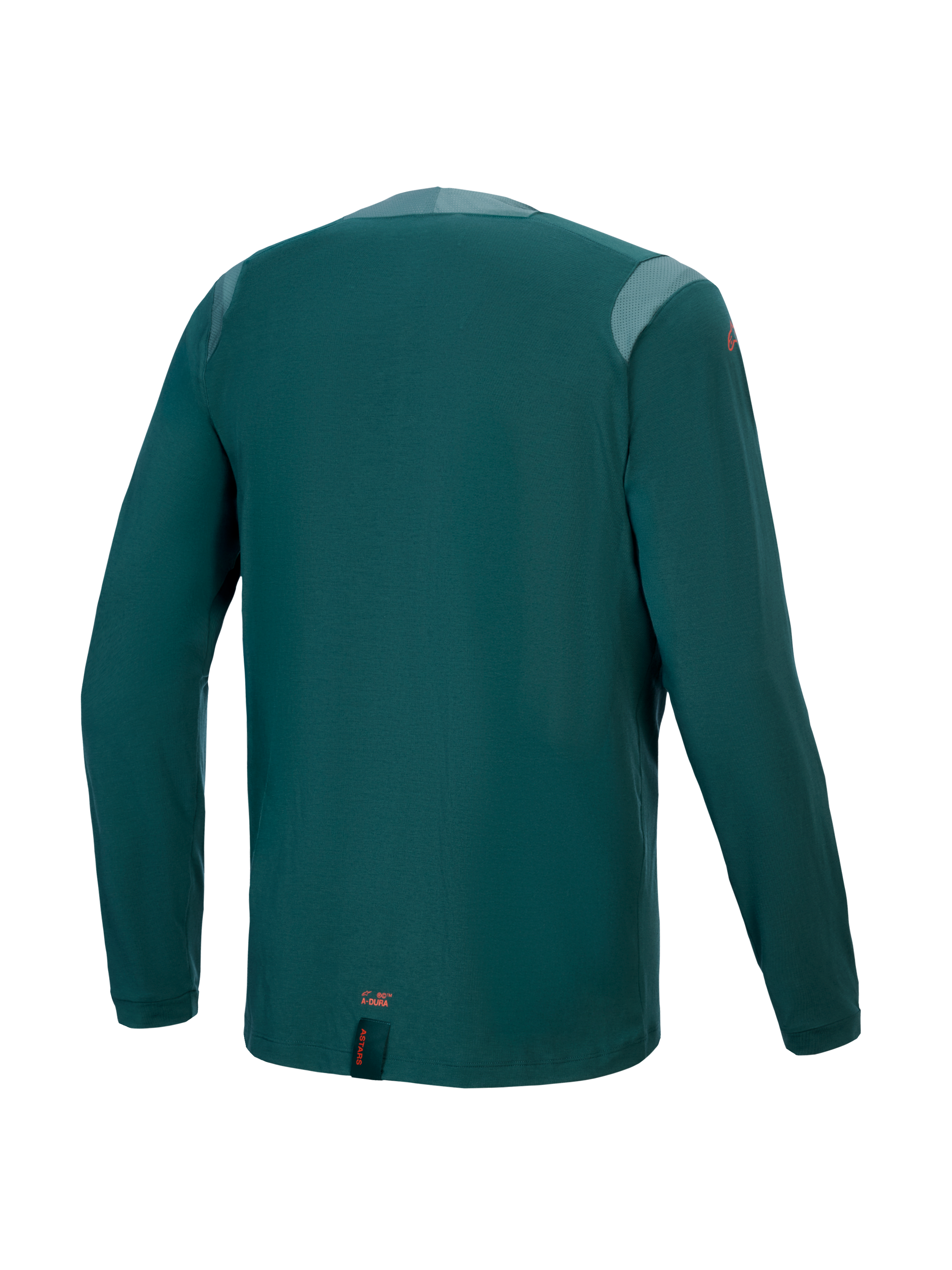 Alpinestars A-Dura Dri Wool Jersey - Manga Larga, color Dark Pine, vista trasera con paneles de malla en los hombros y el cuello, tejido técnico de mezcla de lana, parte trasera más larga para cobertura de MTB y pequeño detalle de marca naranja en el dobladillo inferior.