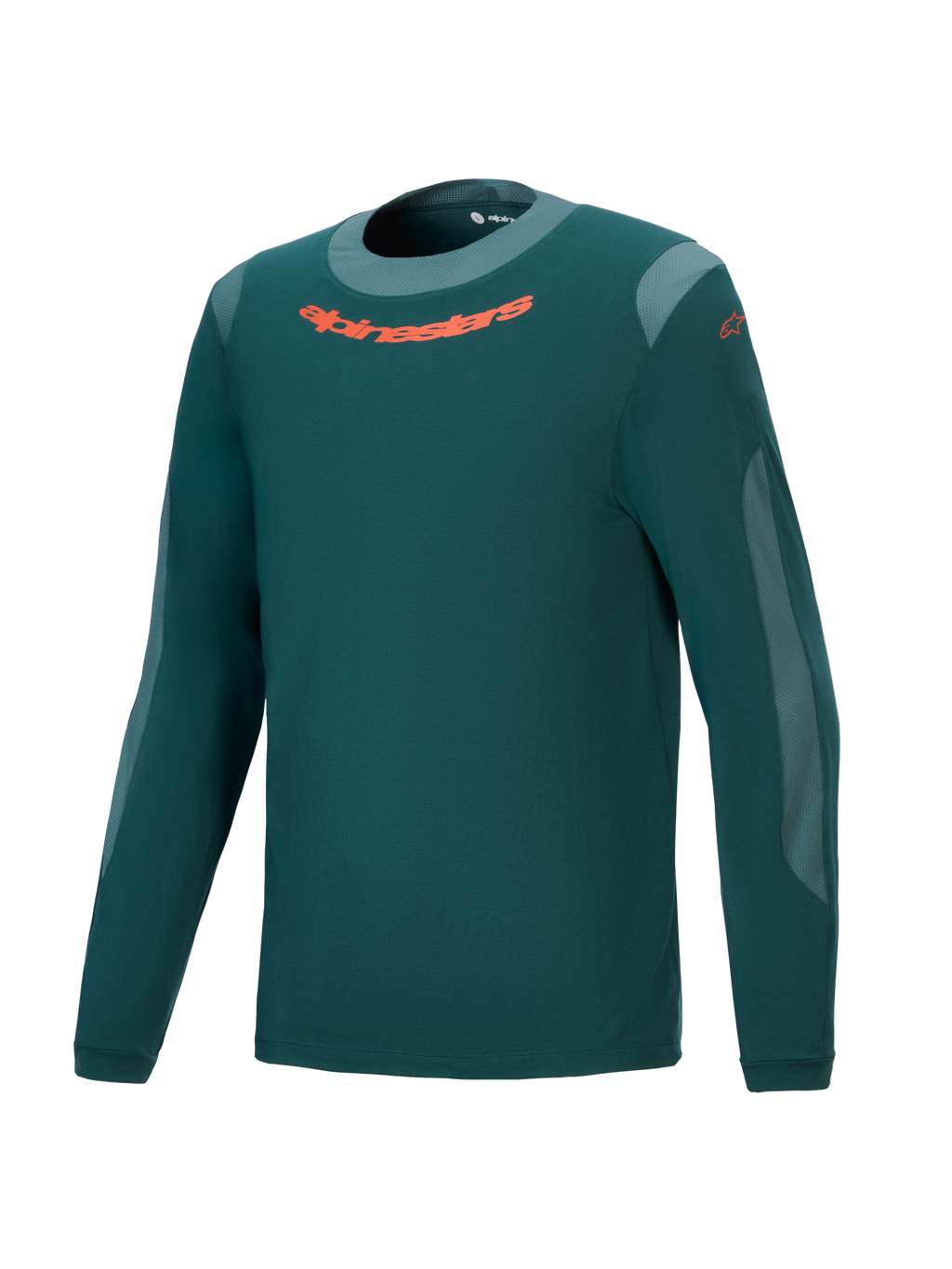 Alpinestars A-Dura Dri Wool Jersey, camiseta de manga larga de alto rendimiento para ciclismo de montaña, verde pino oscuro, logo naranja en el pecho, paneles de malla gris claro y cuello redondo
