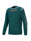 Alpinestars A-Dura Dri Wool Jersey, camiseta de manga larga de alto rendimiento para ciclismo de montaña, verde pino oscuro, logo naranja en el pecho, paneles de malla gris claro y cuello redondo