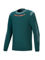 Alpinestars A-Dura Dri Wool Jersey, camiseta de manga larga de alto rendimiento para ciclismo de montaña, verde pino oscuro, logo naranja en el pecho, paneles de malla gris claro y cuello redondo