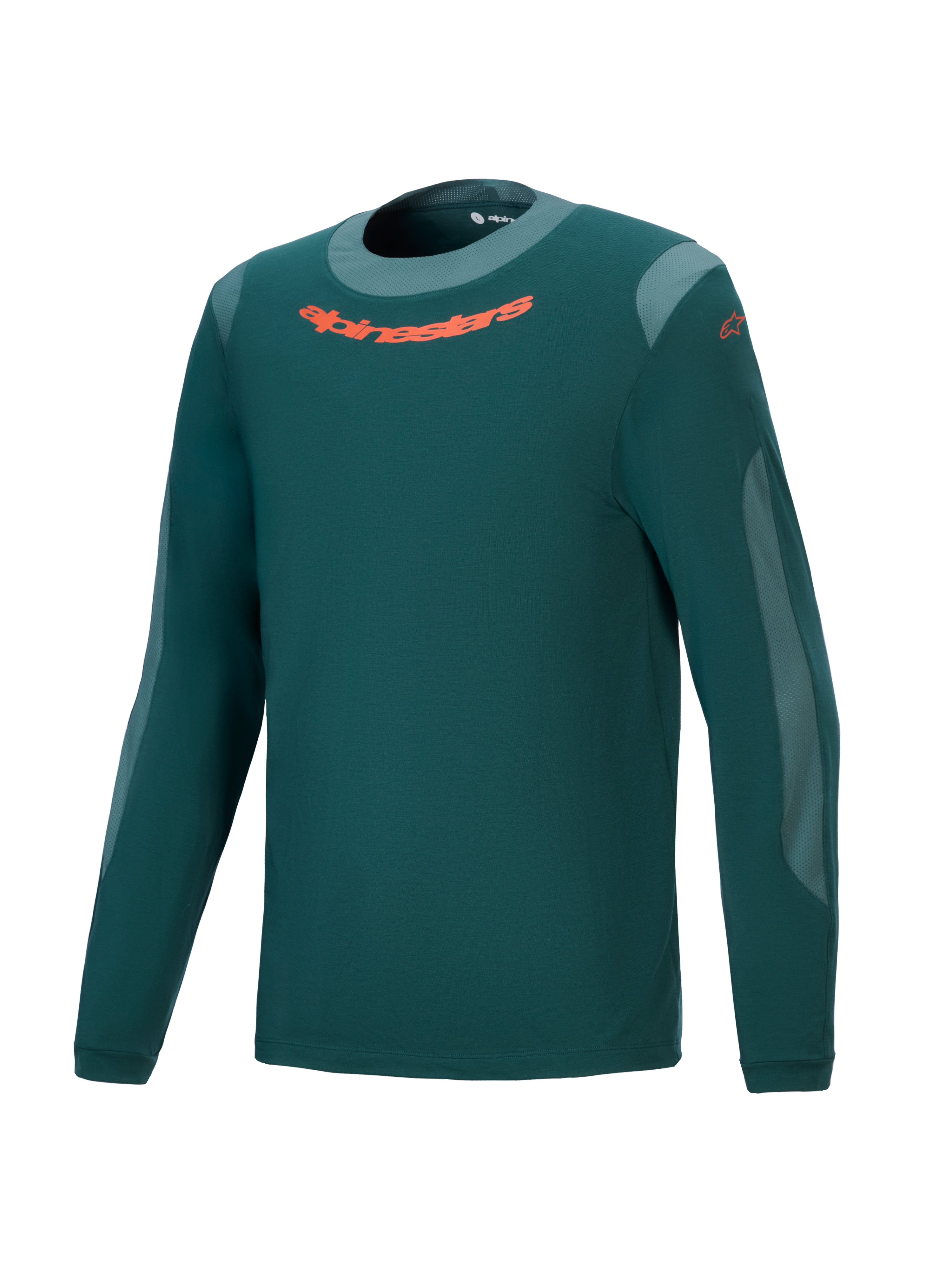 Alpinestars A-Dura Dri Wool Jersey, camiseta de manga larga de alto rendimiento para ciclismo de montaña, verde pino oscuro, logo naranja en el pecho, paneles de malla gris claro y cuello redondo