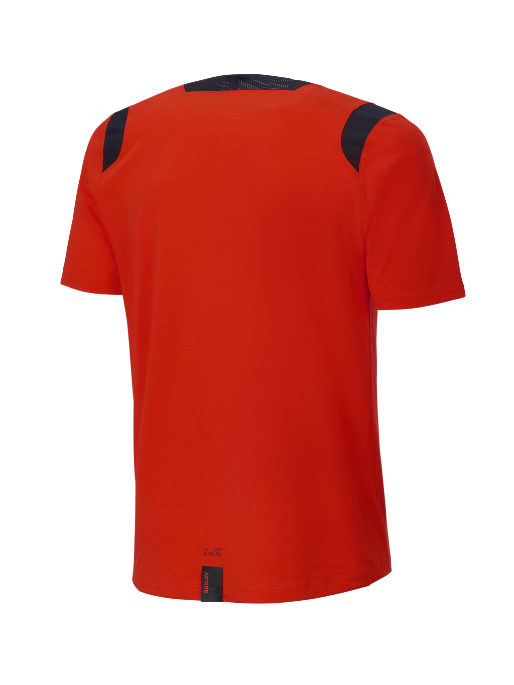 Alpinestars A-Dura Dri Wool Short Sleeve Jersey, Spicy Orange, vista trasera, con paneles de malla negros en los hombros y el cuello, parte trasera más larga y caída para mayor cobertura en senderos