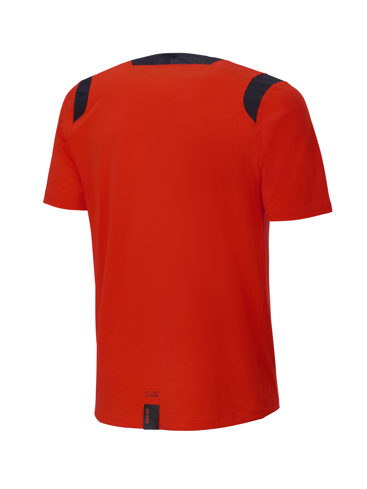 Alpinestars A-Dura Dri Wool Short Sleeve Jersey, Spicy Orange, vista trasera, con paneles de malla negros en los hombros y el cuello, parte trasera más larga y caída para mayor cobertura en senderos