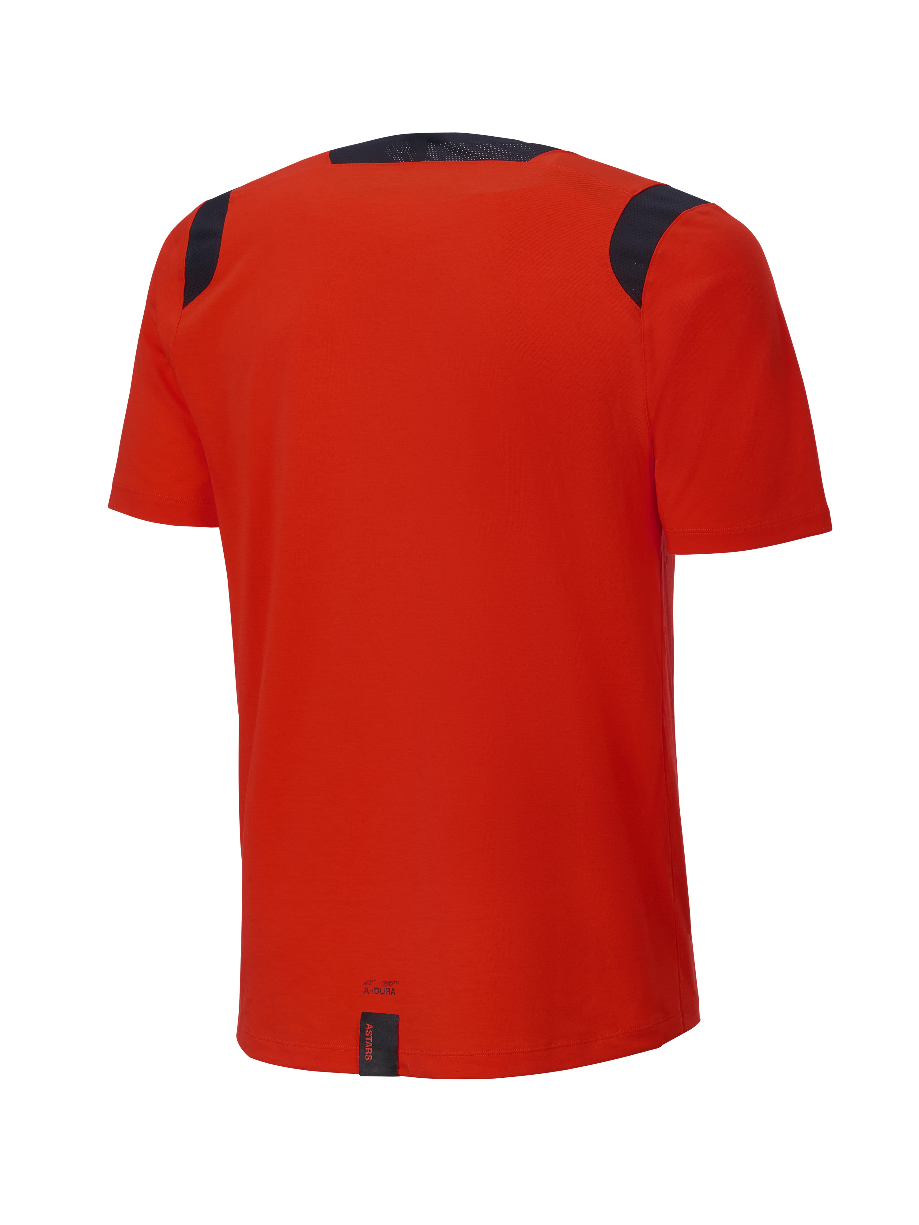 Alpinestars A-Dura Dri Wool Short Sleeve Jersey, Spicy Orange, vista trasera, con paneles de malla negros en los hombros y el cuello, parte trasera más larga y caída para mayor cobertura en senderos