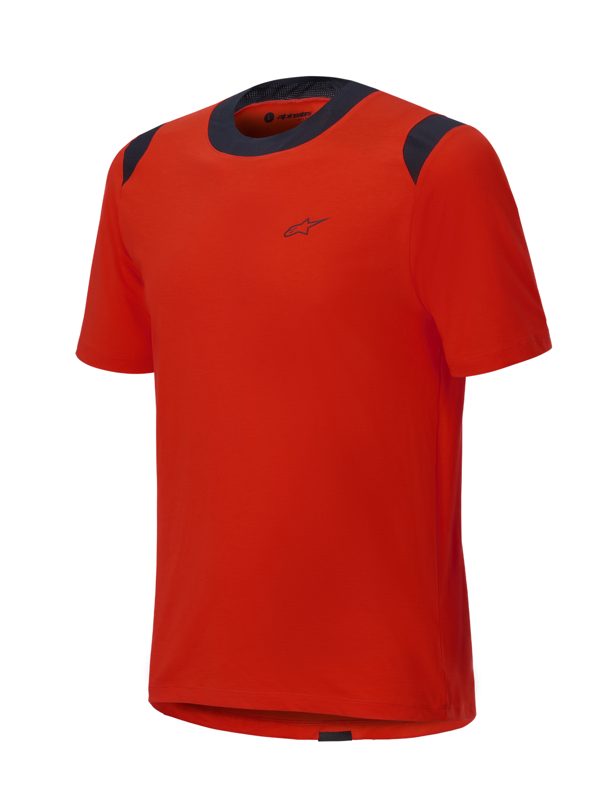 Alpinestars A-Dura Dri Wool Short Sleeve Jersey, Spicy Orange with black mesh panels on the collar and shoulders, minimalist design with a small chest logo, technical mountain bike apparel