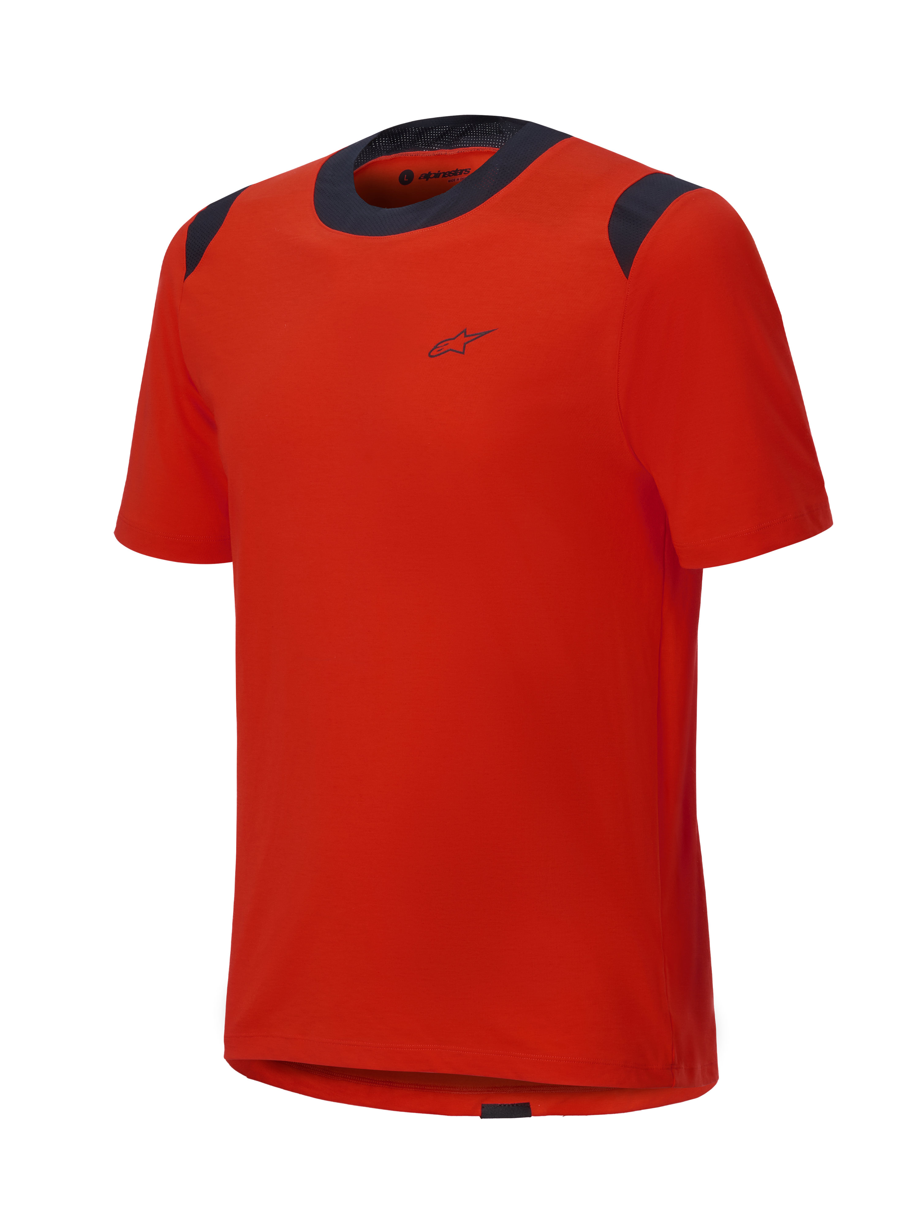 Jersey de manga corta Alpinestars A-Dura Dri Wool, color Spicy Orange con paneles de malla negros en el cuello y los hombros, diseño minimalista con un pequeño logotipo en el pecho, ropa técnica para bicicleta de montaña
