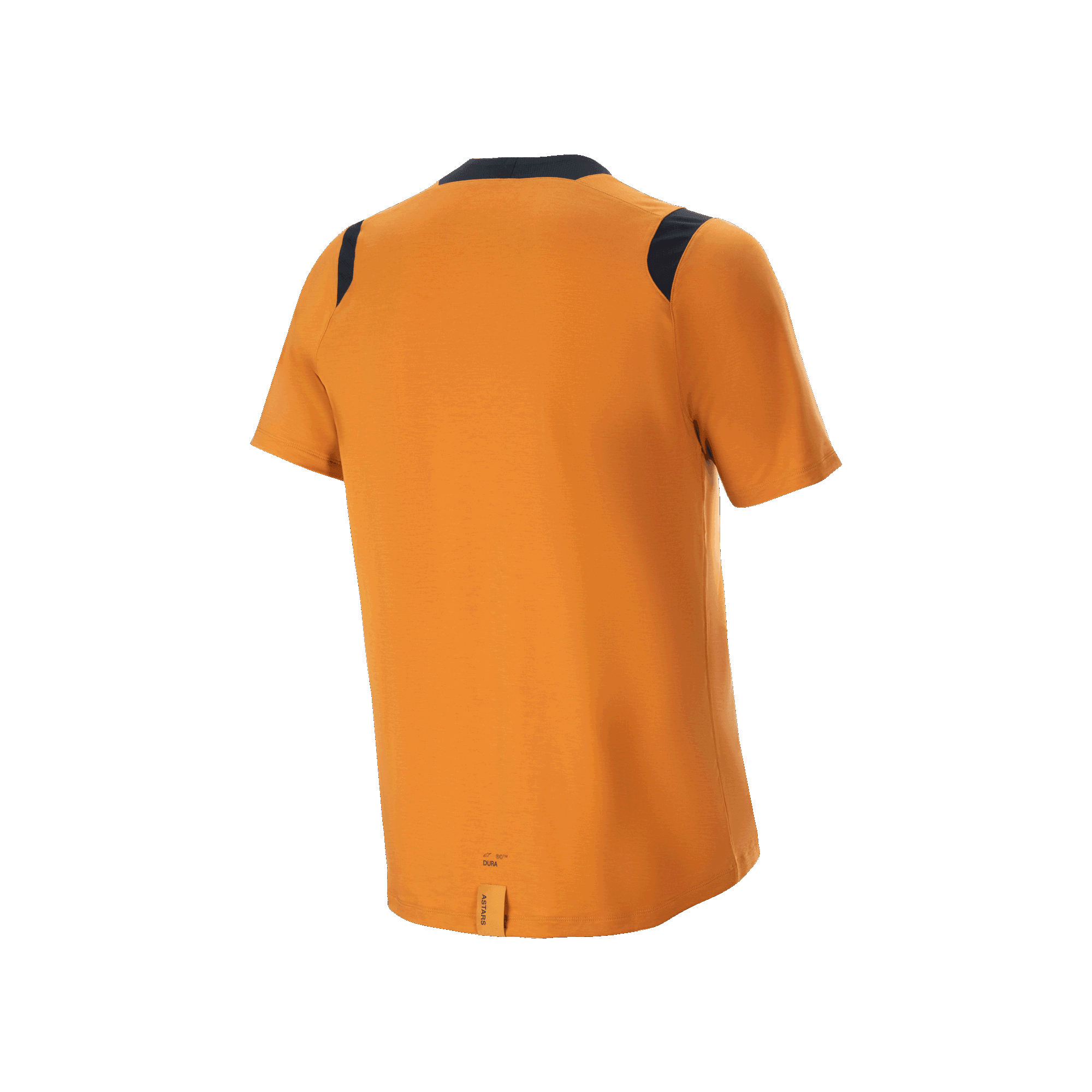 Jersey de manga corta Alpinestars A-Dura Dri Wool, oro oscuro, vista trasera con paneles de malla negros en los hombros y parte trasera más larga, ropa de ciclismo de alto rendimiento