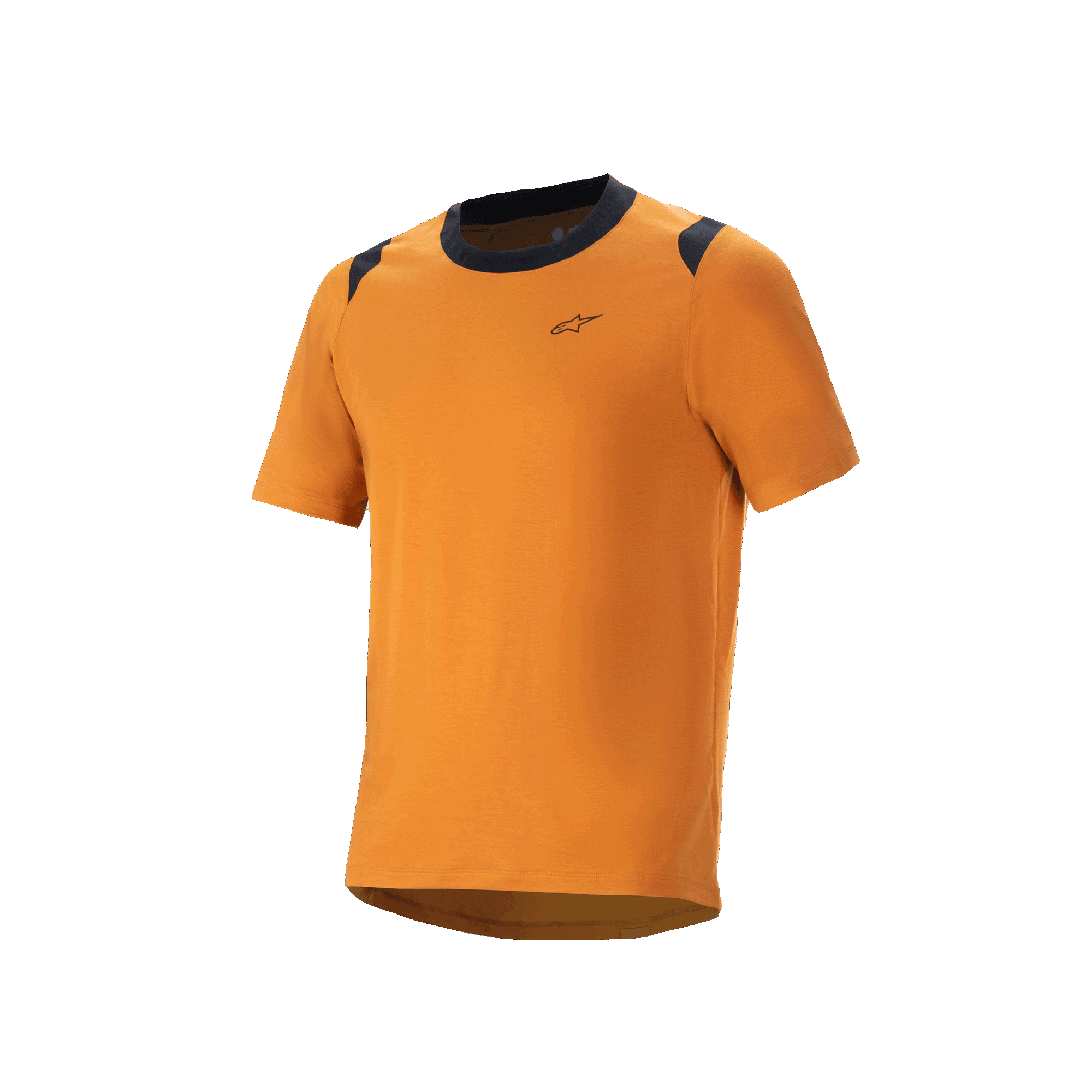 Jersey de manga corta Alpinestars A-Dura Dri Wool, jersey de ciclismo MTB, color oro oscuro con detalles negros en el cuello y los hombros, pequeño logo en el pecho, ropa técnica para ciclismo de montaña