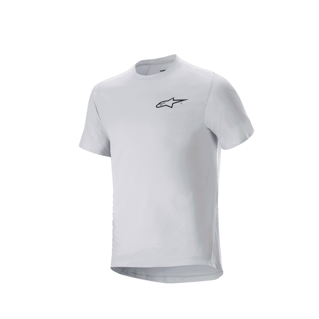 Jersey Alpinestars A-Aria Astar, jersey de ciclismo de manga corta, color White Dove, con un pequeño logotipo negro de Alpinestars en el pecho, ajuste de rendimiento con parte trasera caída para MTB