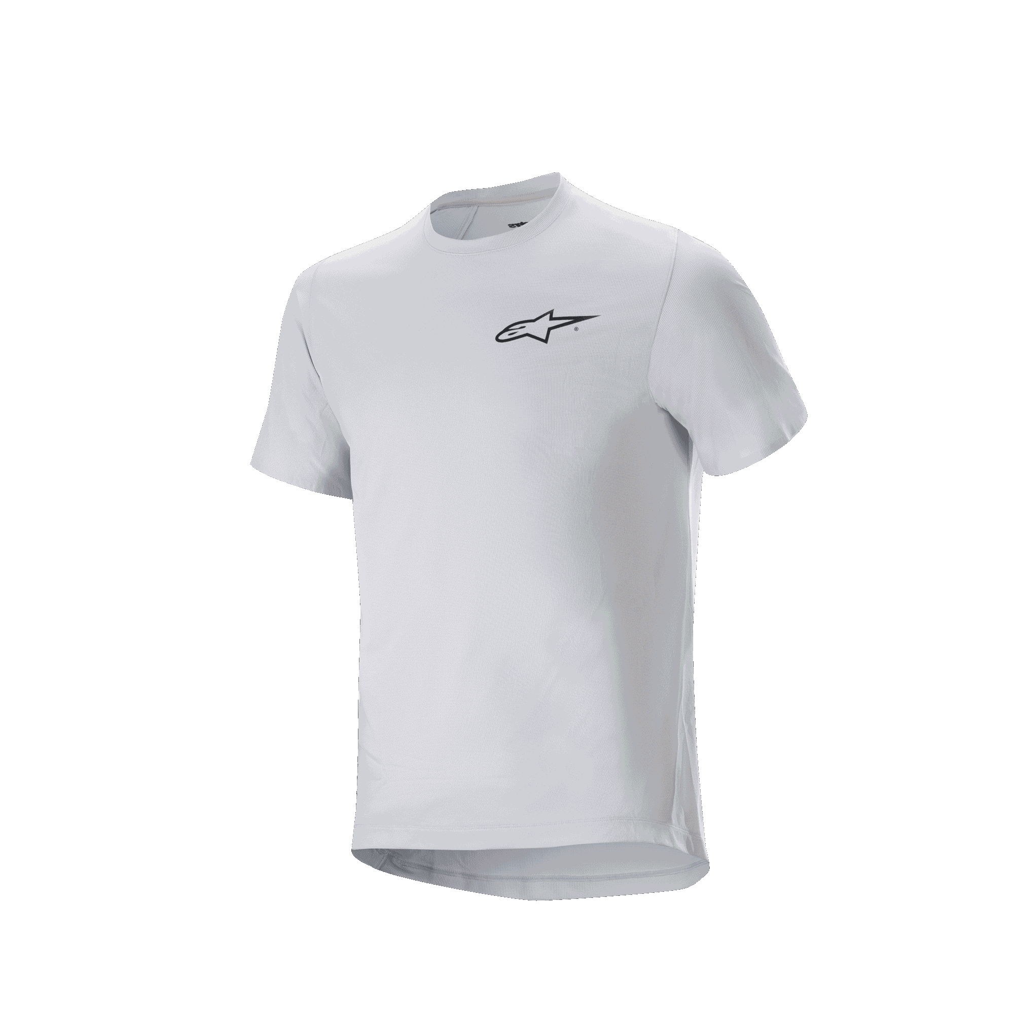 Jersey Alpinestars A-Aria Astar, jersey de ciclismo de manga corta, color White Dove, con un pequeño logotipo negro de Alpinestars en el pecho, ajuste de rendimiento con parte trasera caída para MTB