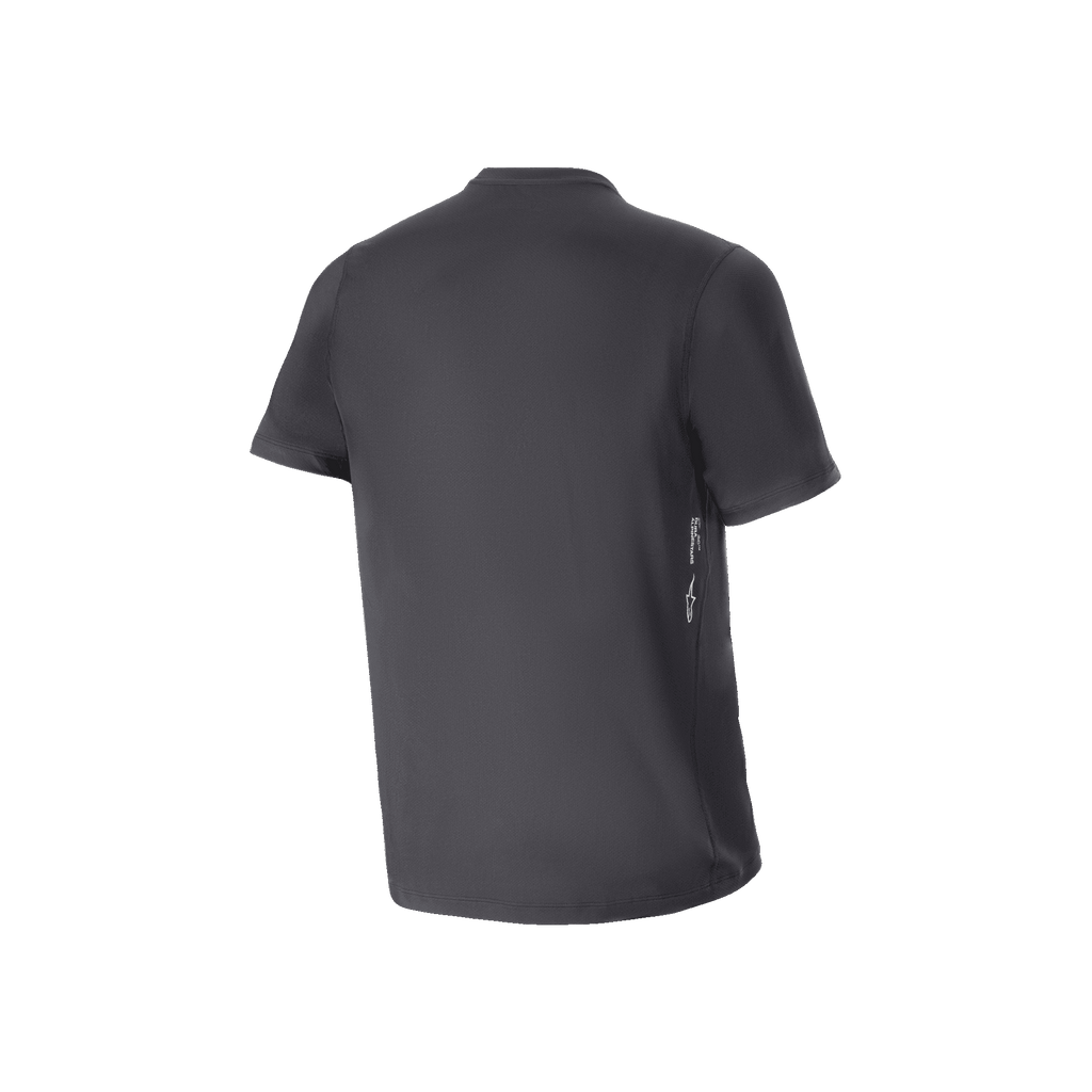 Alpinestars A-Dura Oscar Short Sleeve Jersey, jersey de ciclismo MTB, negro, vista trasera con un pequeño logotipo blanco vertical en el lateral inferior, ajuste regular, ropa técnica de rendimiento para conducción off-road