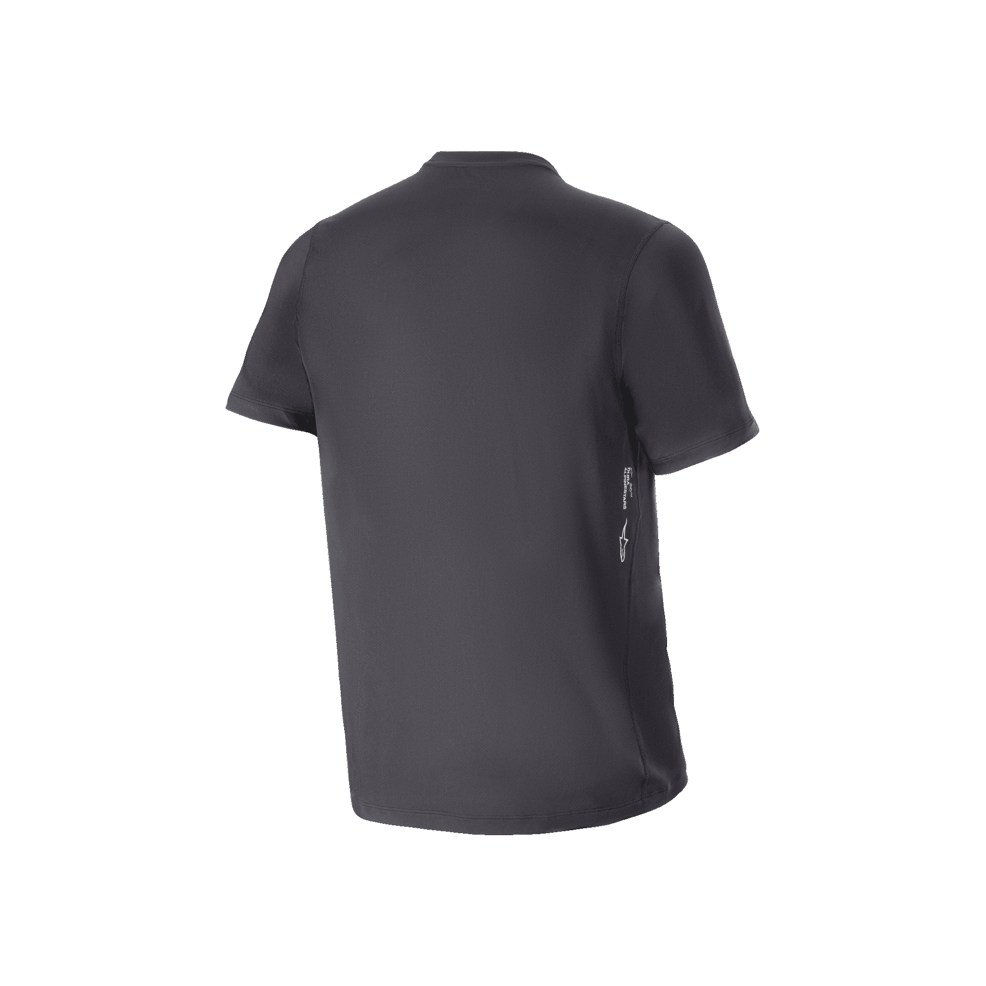 Alpinestars A-Dura Oscar Short Sleeve Jersey, jersey de ciclismo MTB, negro, vista trasera con un pequeño logotipo blanco vertical en el lateral inferior, ajuste regular, ropa técnica de rendimiento para conducción off-road