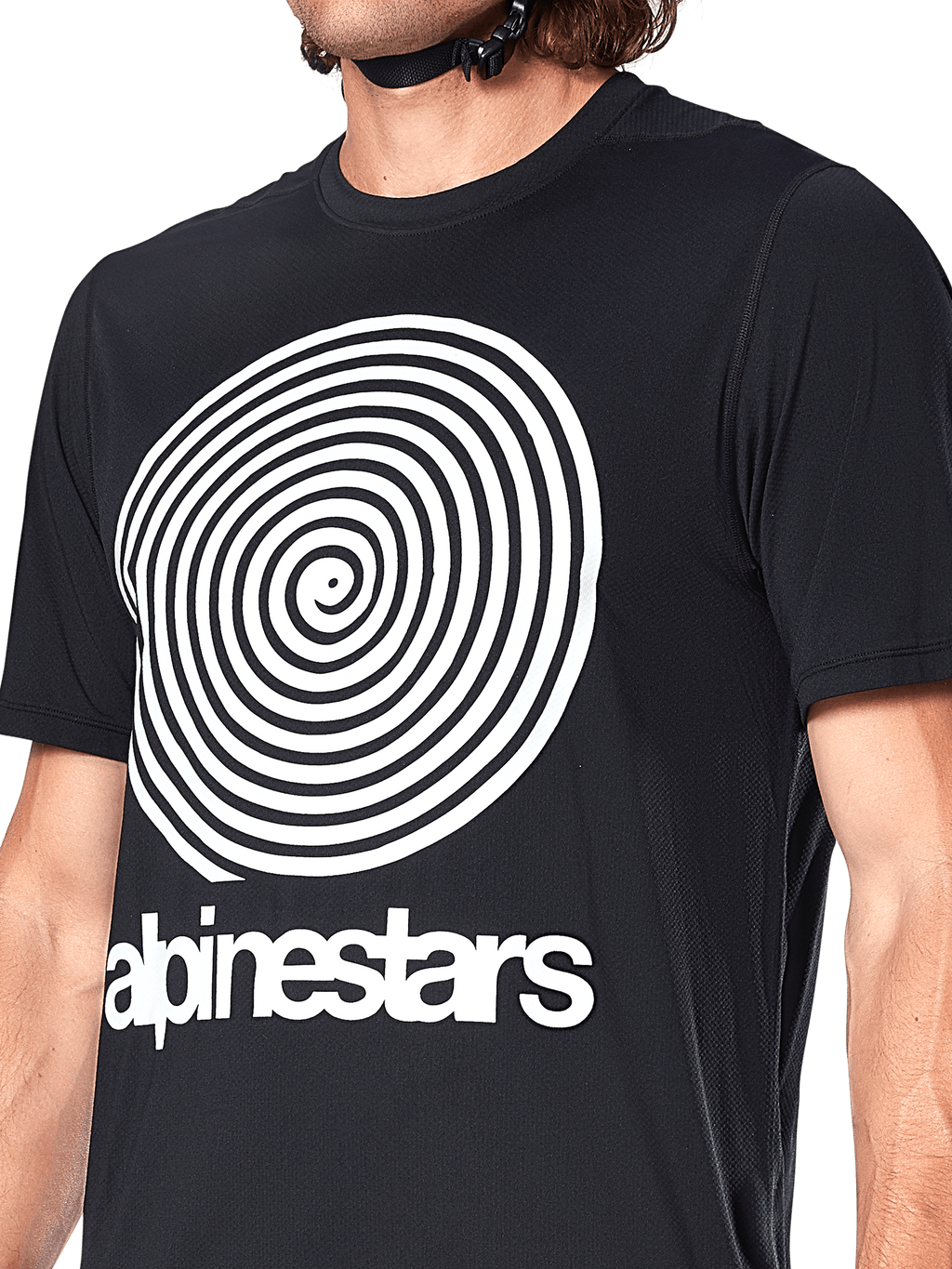 Alpinestars A-Dura Oscar Jersey, jersey de MTB de manga corta, negro, con un gran gráfico de espiral Oscar vintage en blanco y el logotipo de Alpinestars en el pecho, ropa técnica de ciclismo