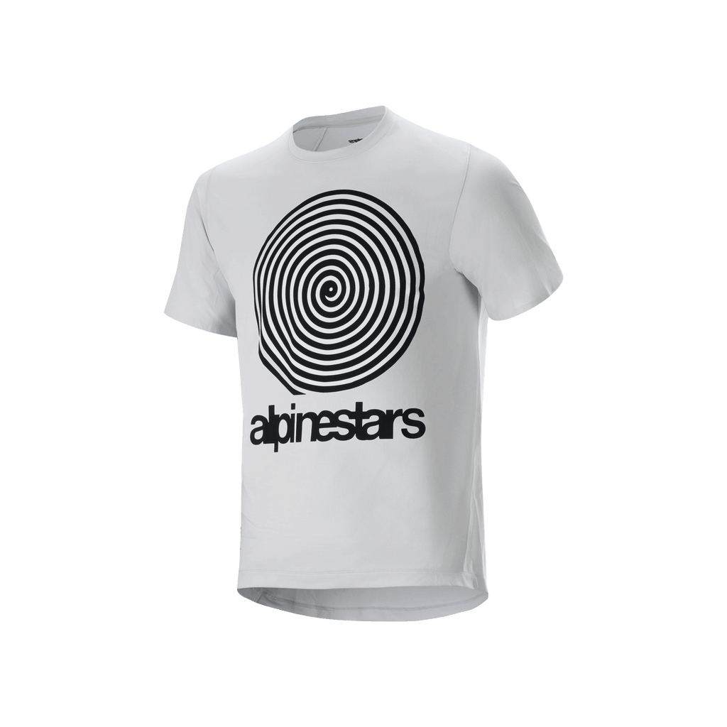 Alpinestars A-Dura Oscar Jersey de manga corta, White Dove, con un gran gráfico de espiral Oscar vintage en negro y el logotipo de Alpinestars en la parte delantera, material de jacquard técnico para ciclismo de montaña