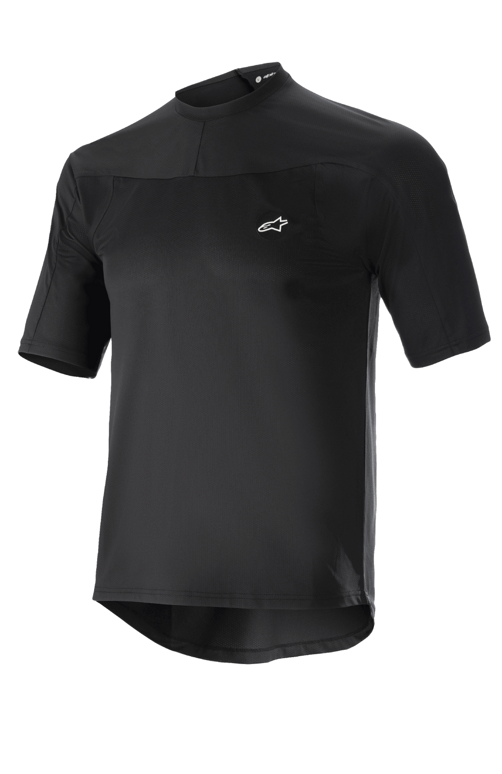 Alpinestars Drop Meta Jersey, camiseta de ciclismo MTB de manga corta, negra, tejido de malla ligero, pequeño logotipo blanco en el pecho, cuello redondo y parte trasera extendida para mayor cobertura
