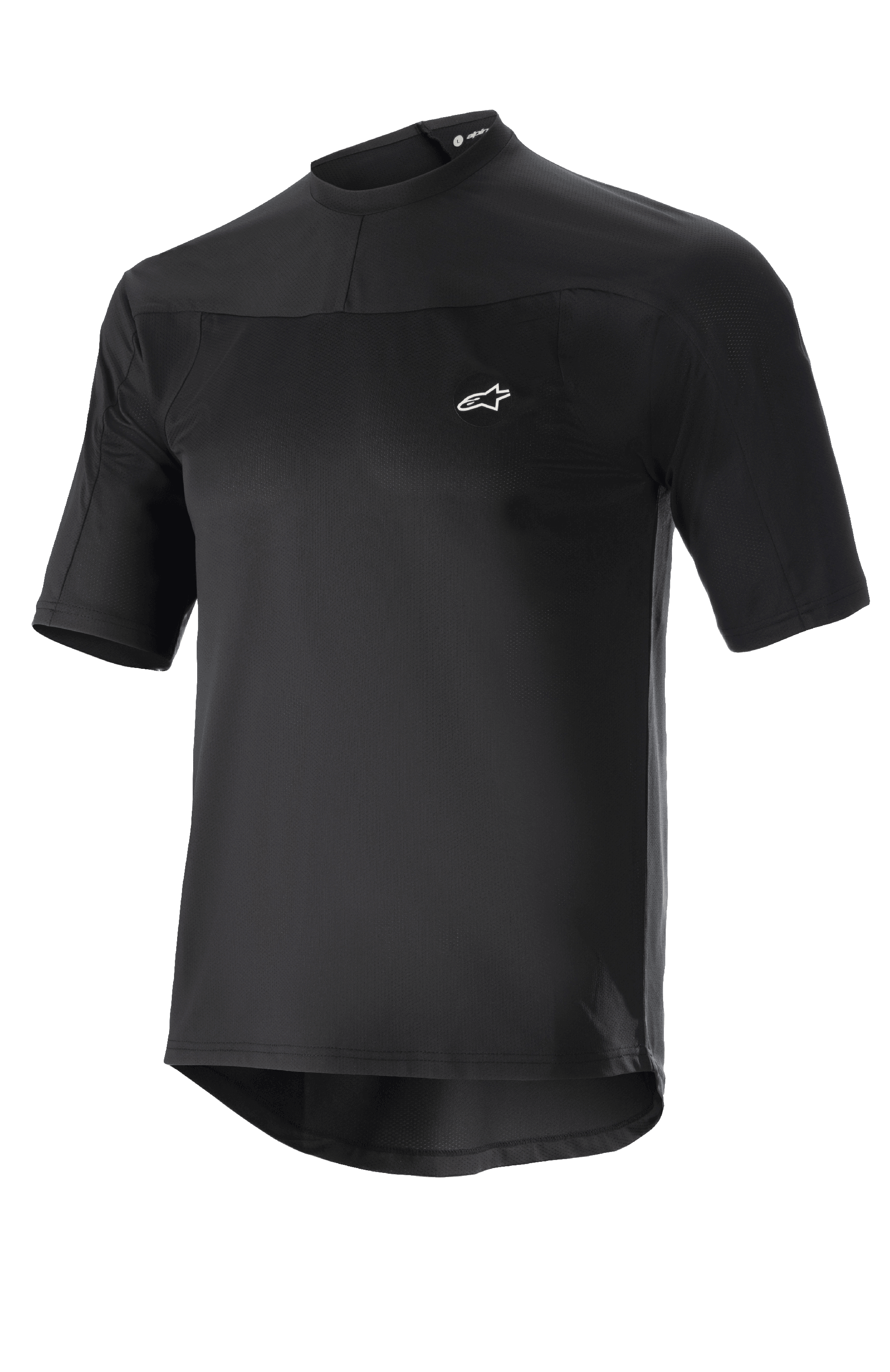 Alpinestars Drop Meta Jersey, camiseta de ciclismo MTB de manga corta, negra, tejido de malla ligero, pequeño logotipo blanco en el pecho, cuello redondo y parte trasera extendida para mayor cobertura