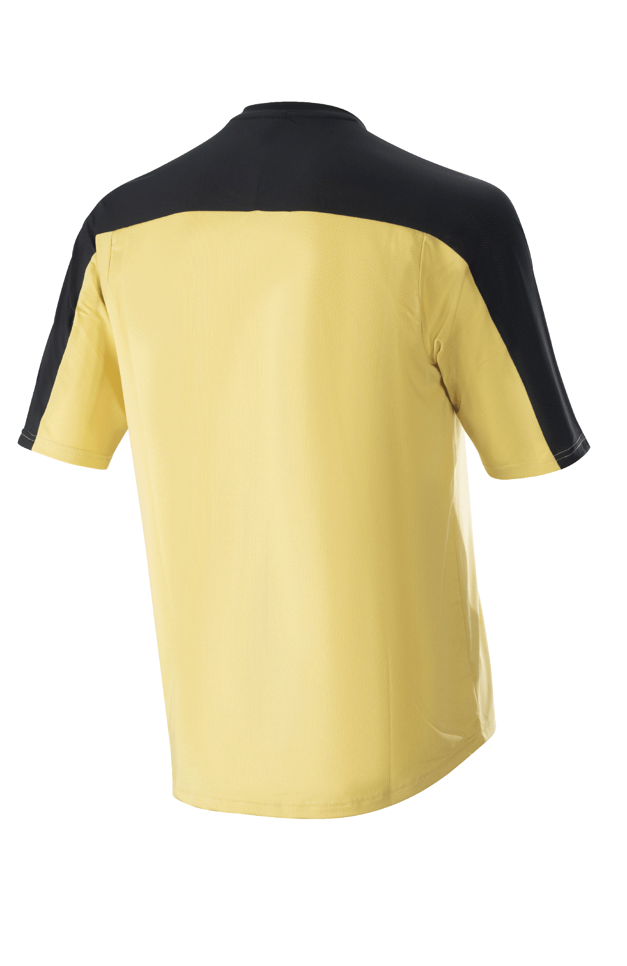 Jersey Alpinestars Drop Meta de manga corta, jersey de ciclismo de montaña, dorado con canesú en los hombros y paneles en las mangas de color negro, vista posterior, parte trasera extendida para mayor cobertura, material de malla ligera.