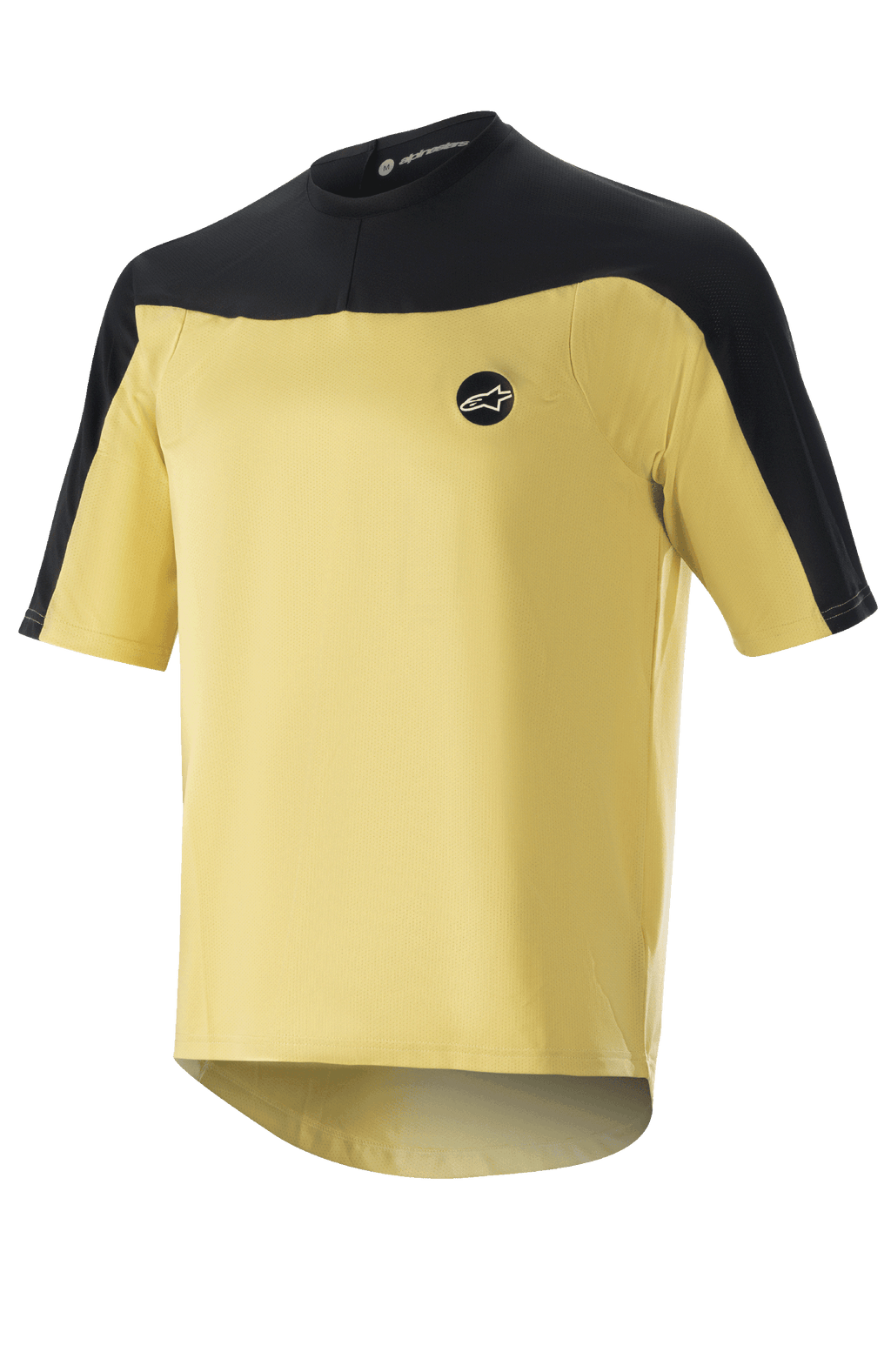 Alpinestars Drop Meta Jersey de manga corta, camiseta de ciclismo MTB, dorada y negra, construcción de malla con hombros en bloques de color, logo circular en el pecho y dobladillo trasero extendido.