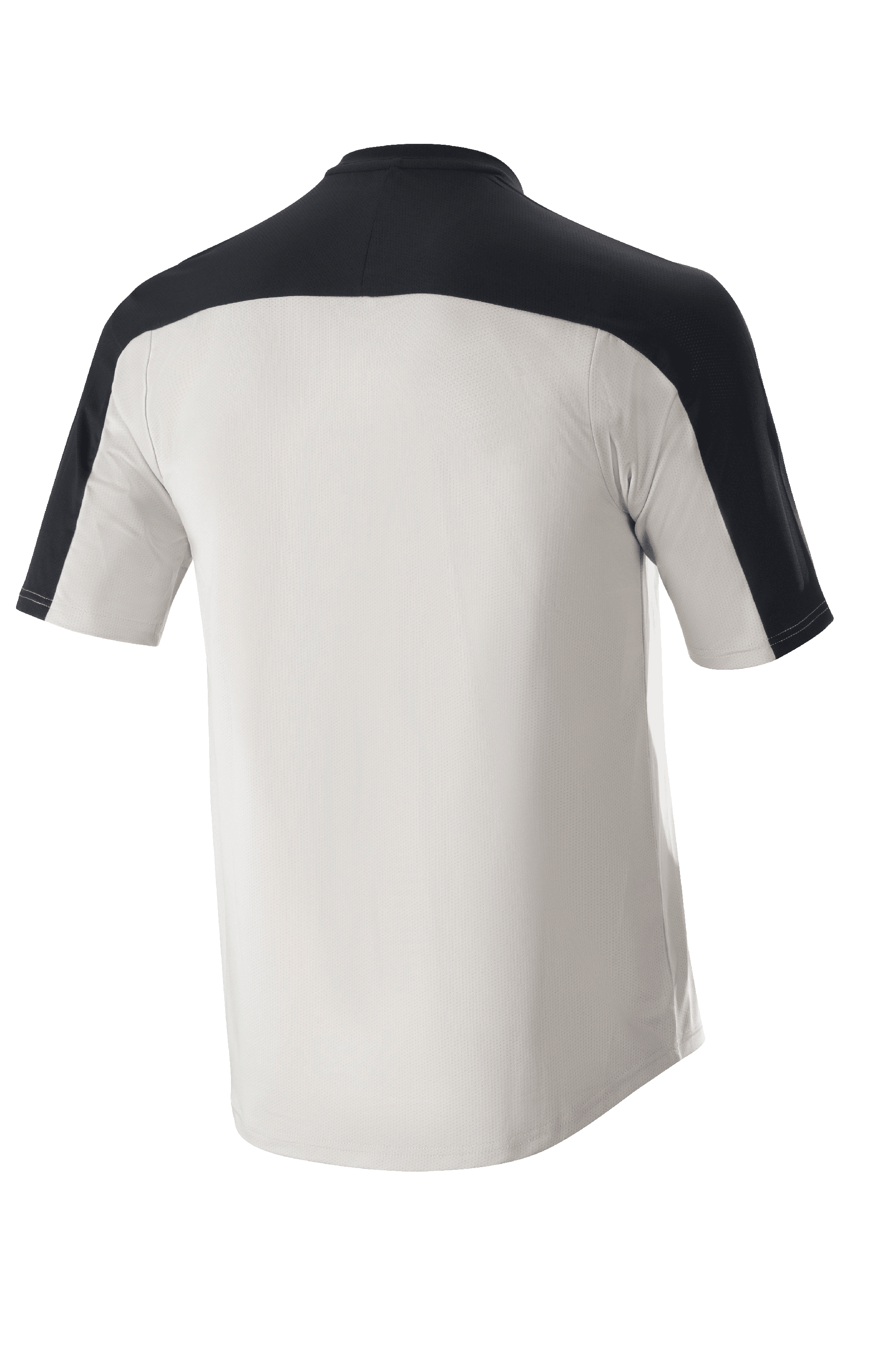 Alpinestars Drop Meta Jersey - Manga Corta, jersey de MTB, gris claro y negro, vista posterior con yugo de hombro negro y cola extendida, construcción de malla transpirable para ciclismo de montaña